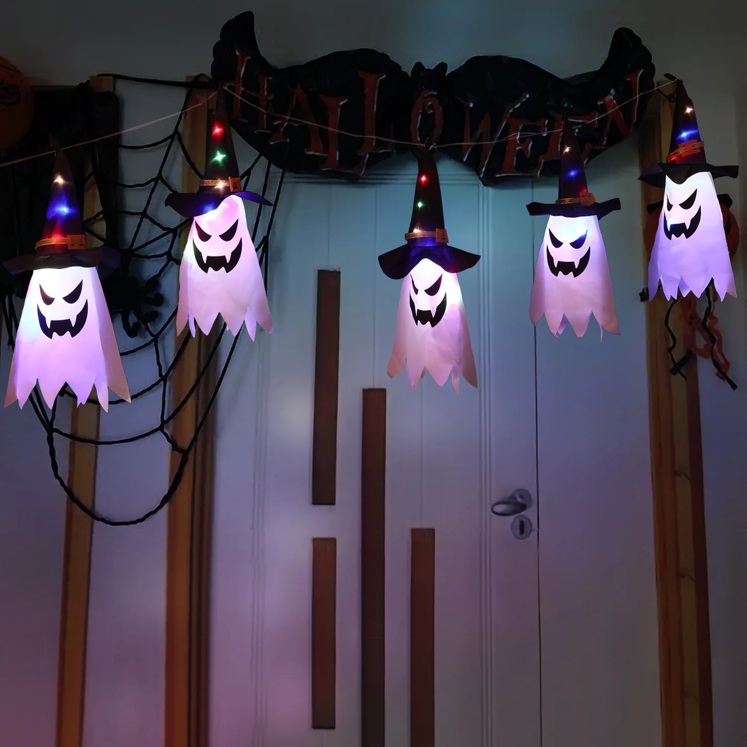 LED Halloween Decoration Flashing Light Gypsophila Ghost Festival Dress Up Glowing Wizard Ghost Hat Lamp Decor Hanging Lantern