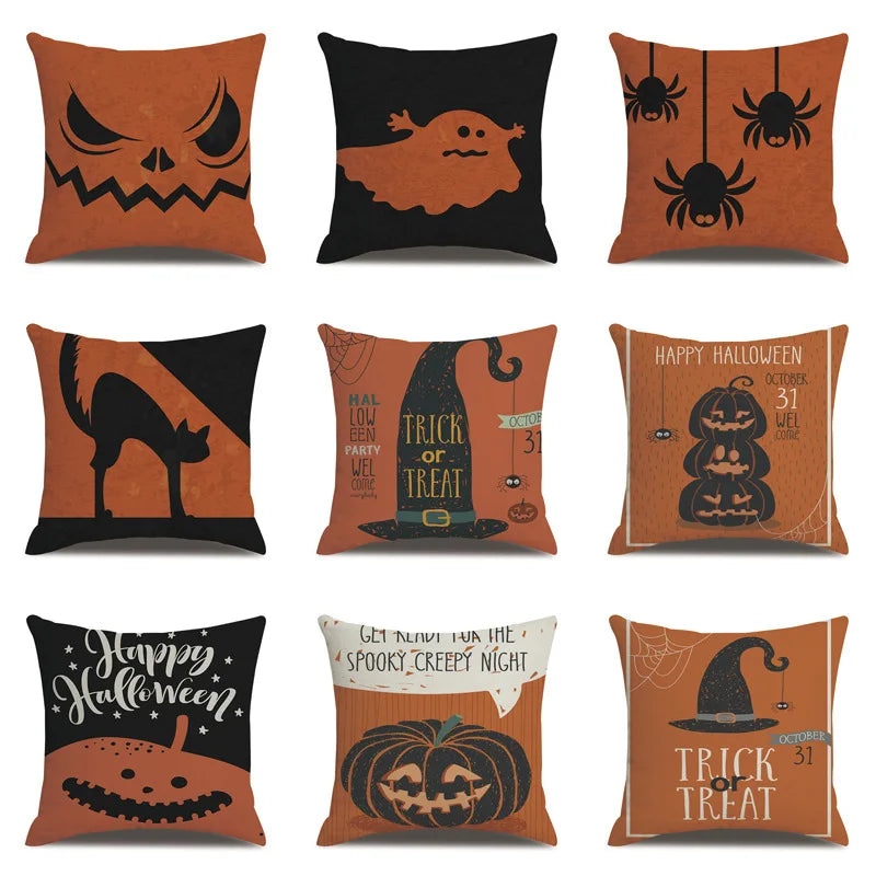 Linen Halloween Cat & Witch Pillow Cover