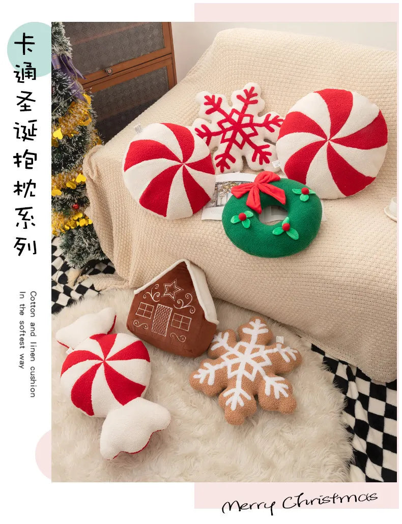 New Christmas Pillow Plush Plush Toys Christmas Snowhouse Candy Cushion Creative Snowflakes Flower Wreath Decoration Gift