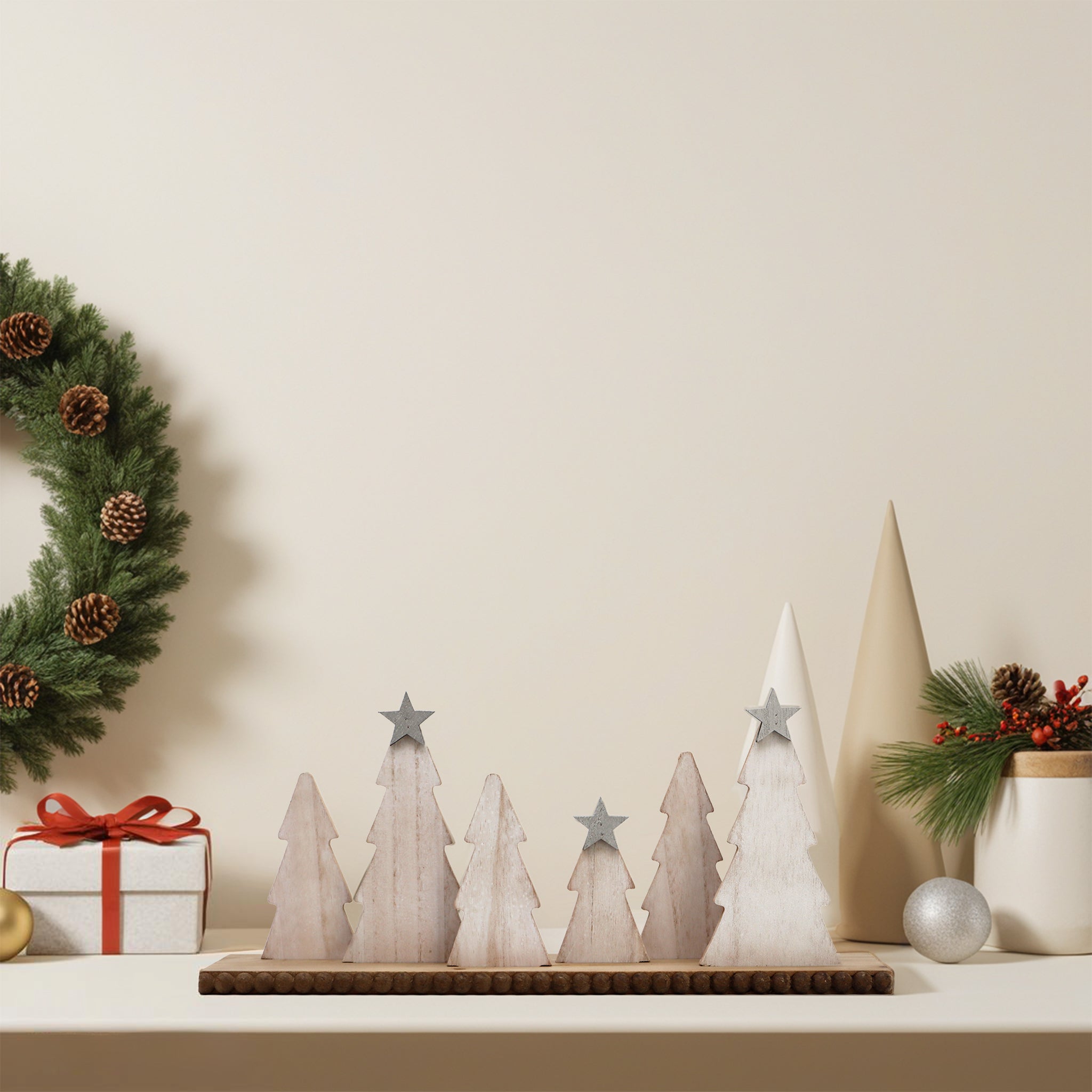 Wooden Christmas Tree with Sliver Star and Wood Base