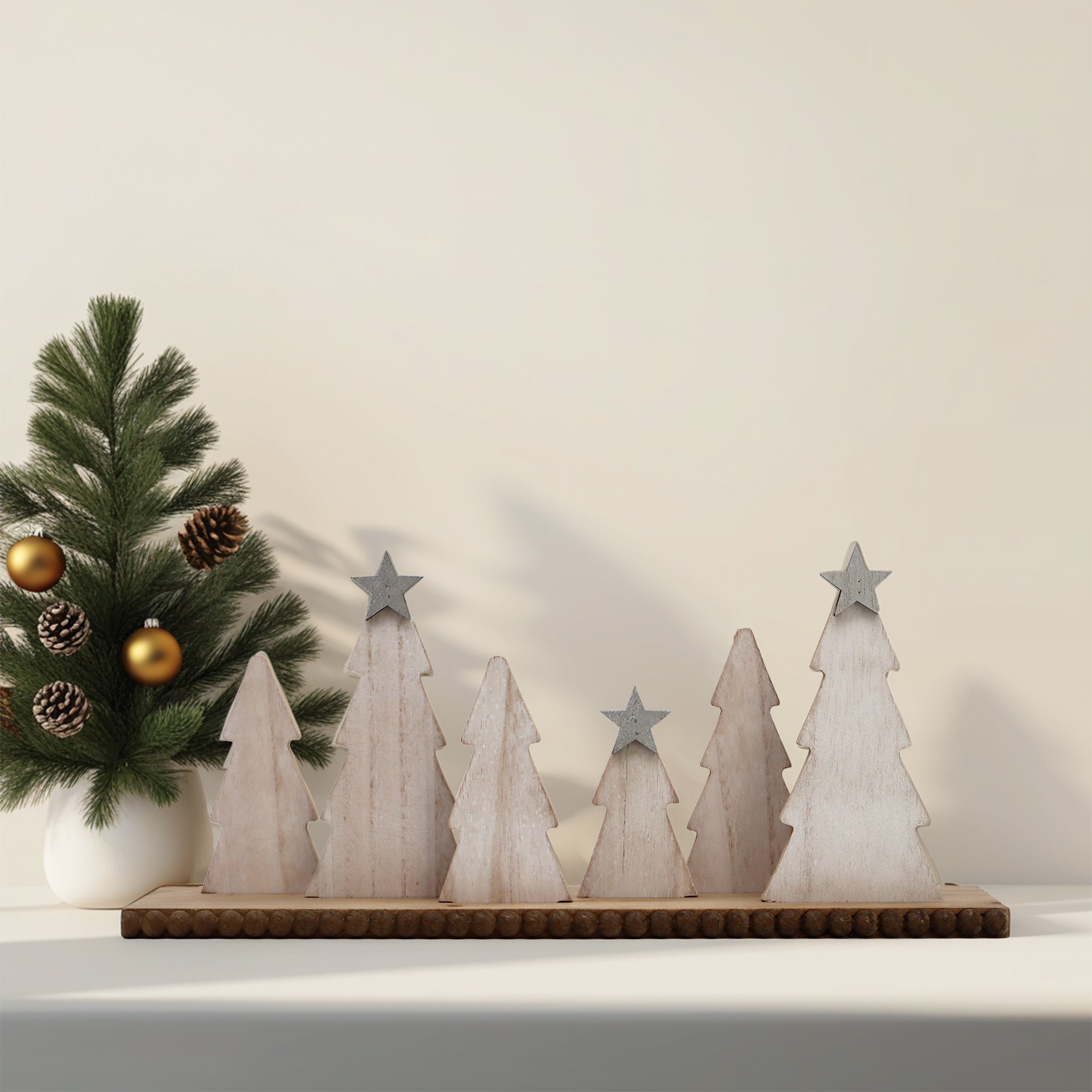 Wooden Christmas Tree with Sliver Star and Wood Base