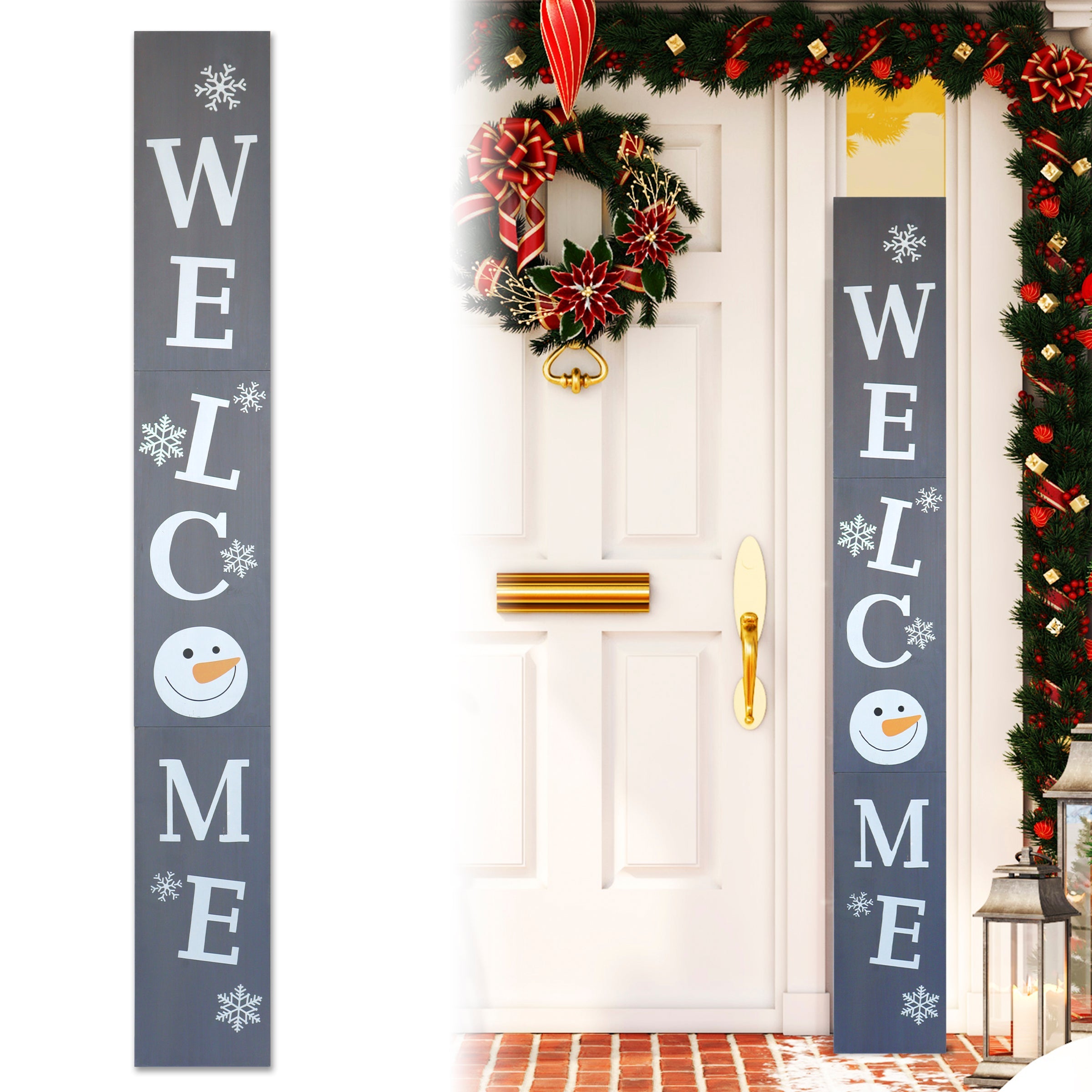 72" Xmas Welcome Wood Porch Sign,  Gray