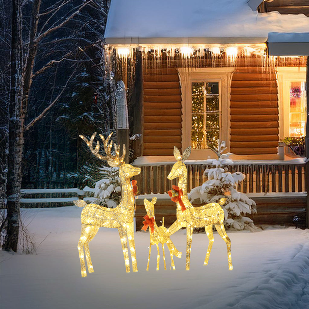 Set of 3 Large Lighted Reindeer Christmas Decorations, with 210 Warm White LED Lights,- Gold