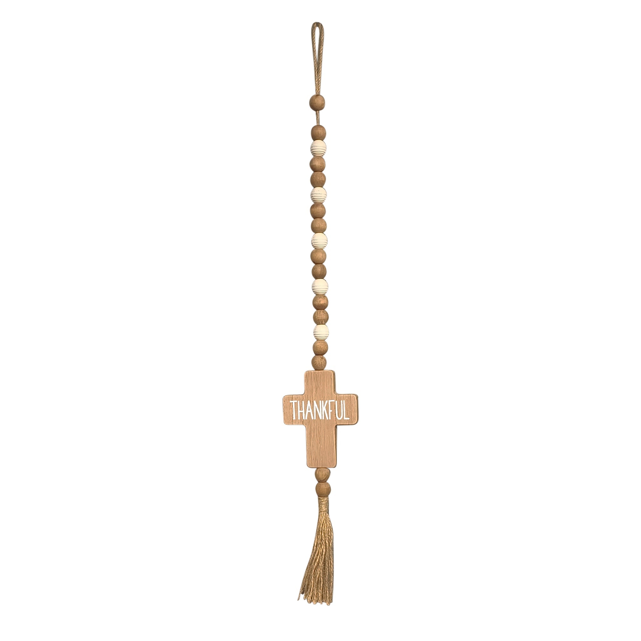 Farmhouse Beads with Thankful Cross and Tassel