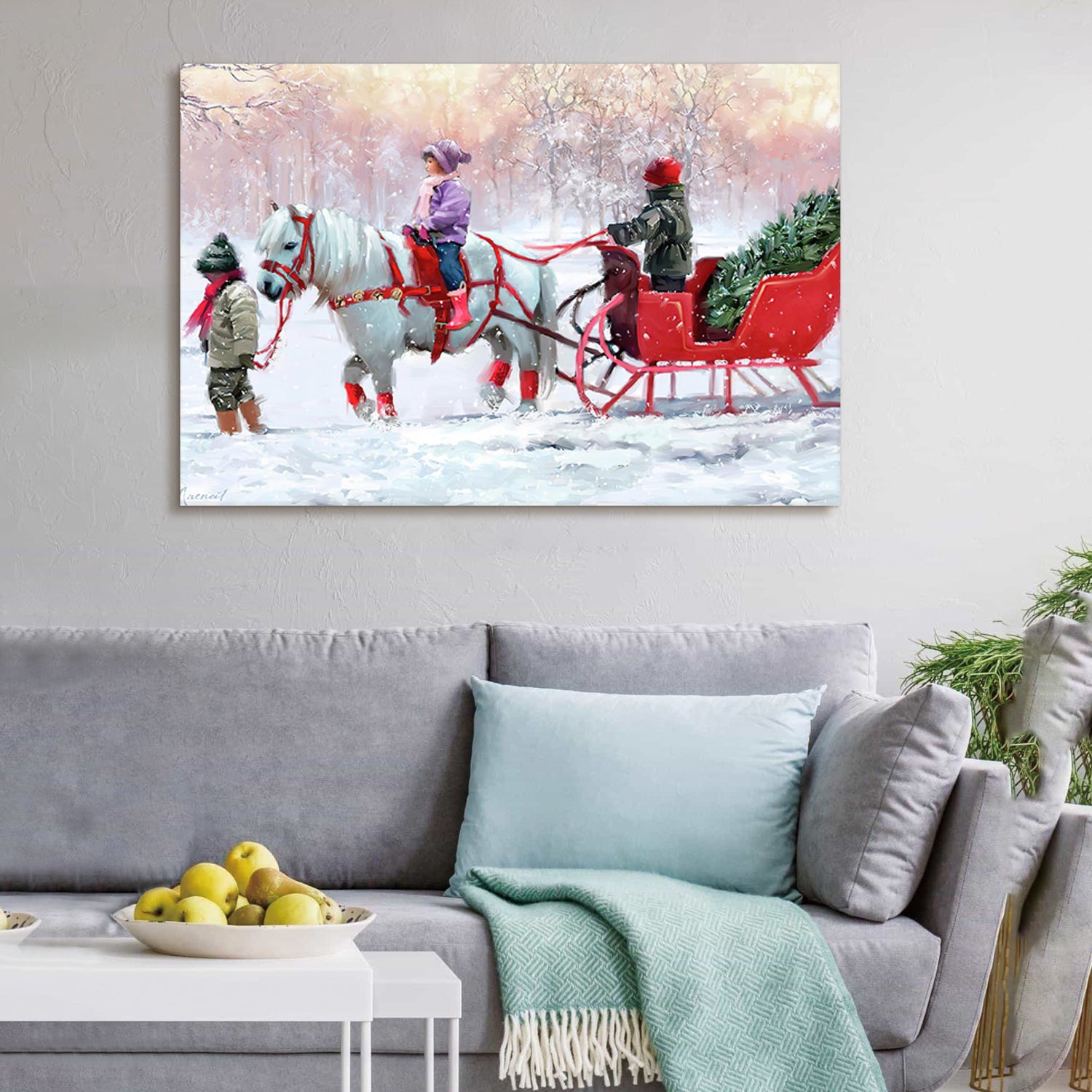 Framed Canvas Wall Art  Kids on White Horse and  Sled