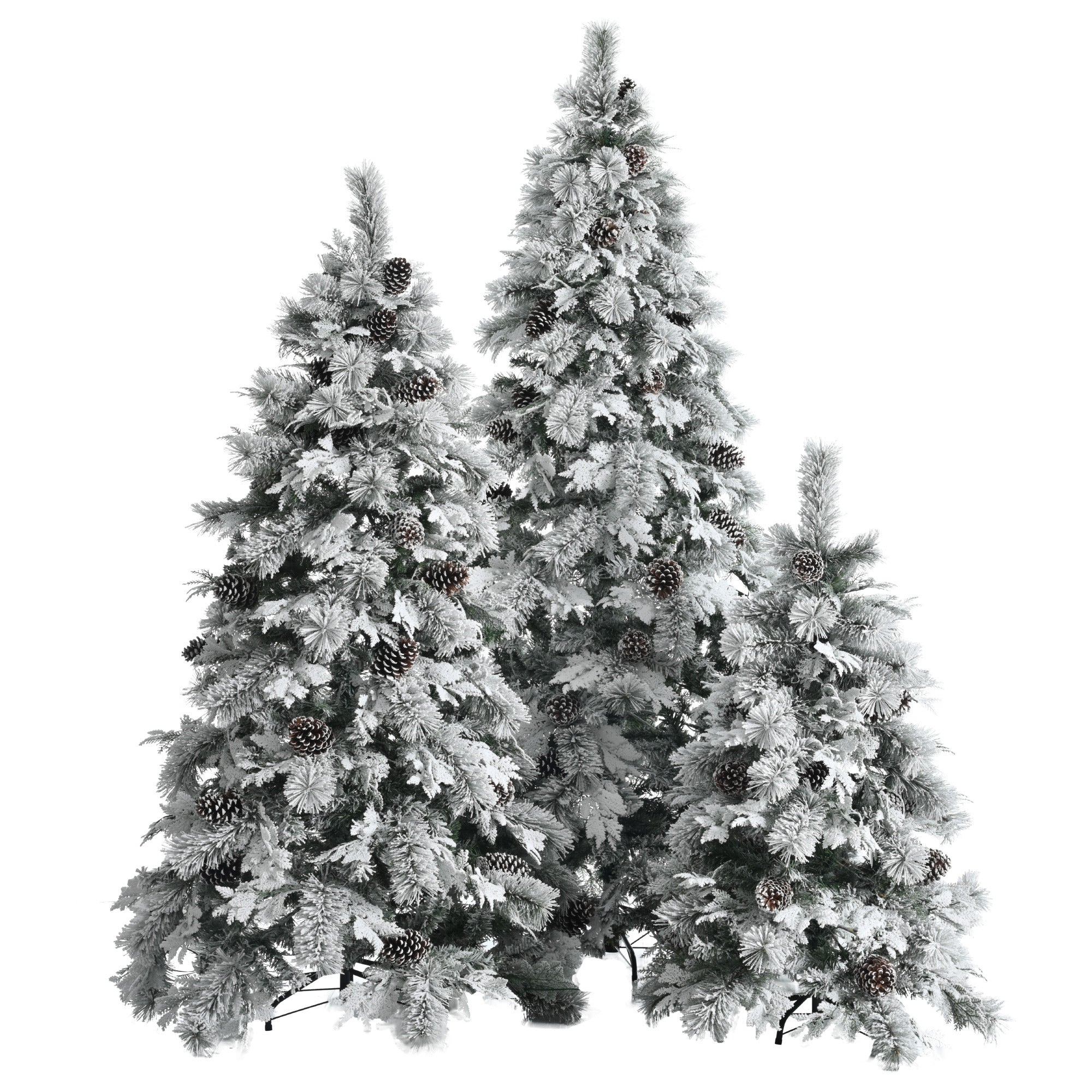 Pre-Lit Spruce Snow Flocked Xmas Tree Set - 4FT, 6FT, 7.5FT with Pine Cones- Set of 3