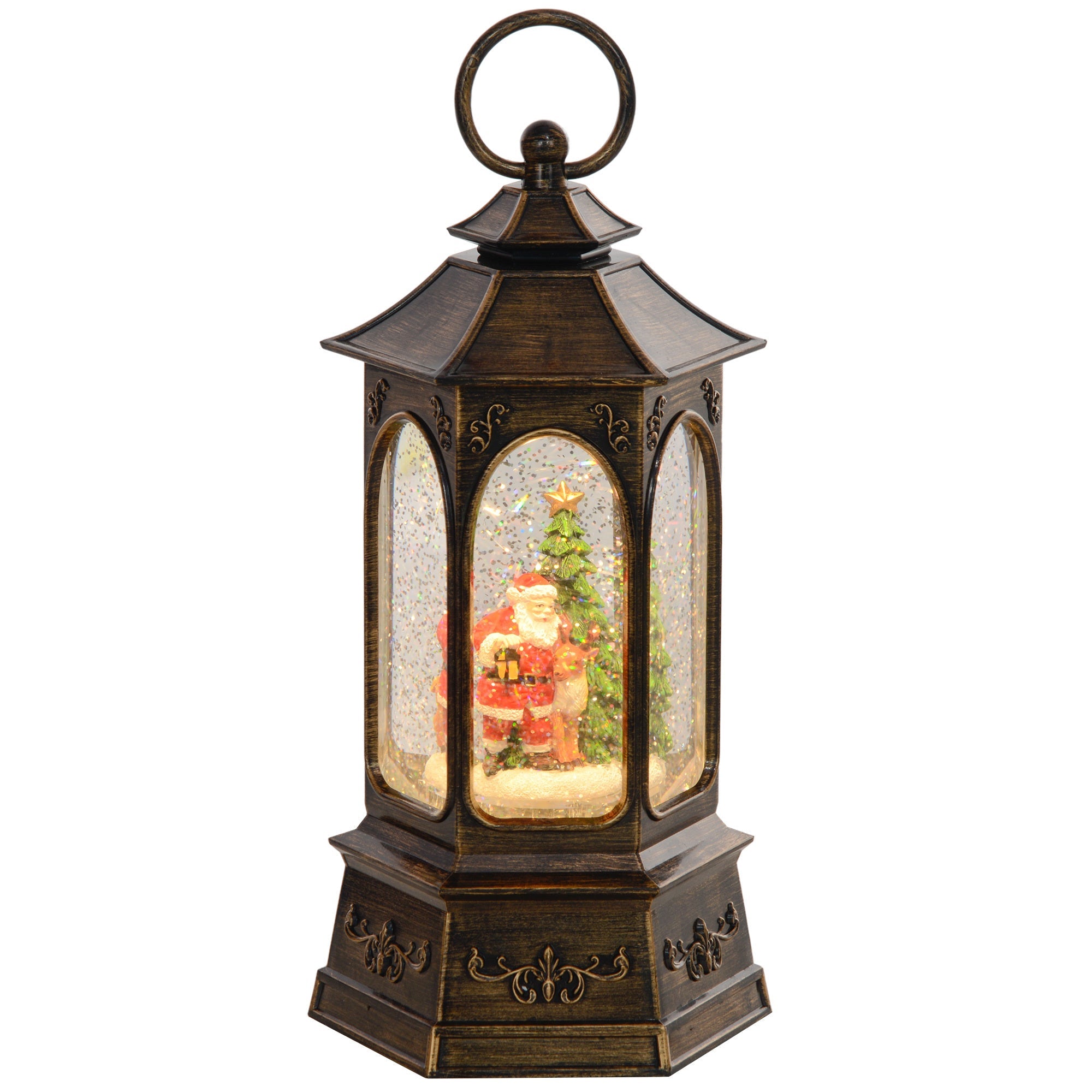 Swirling Christmas Santa Snow Globe Lantern with Music and Lights, Battery Operated -  Bronze