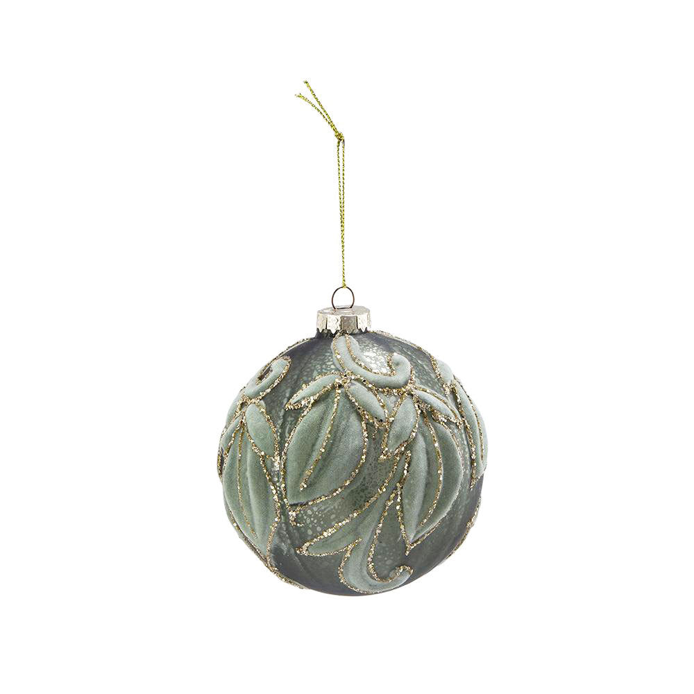 Green with Gold Flocking Christmas Ball Ornaments, Set of 6