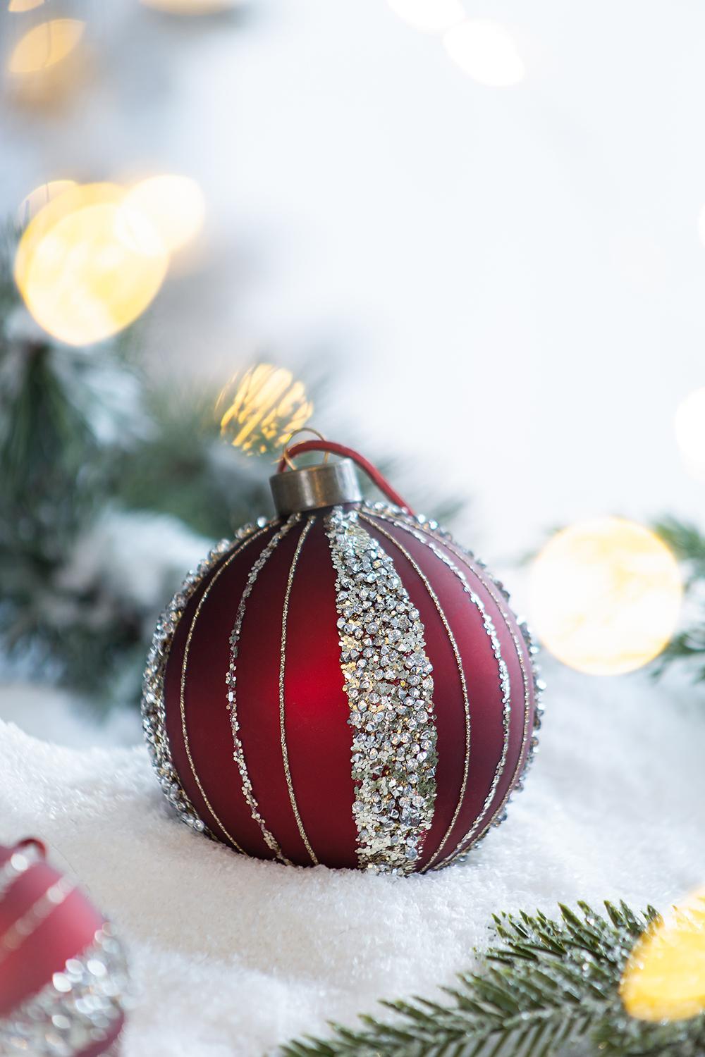 Red and Silver Glitter Christmas Ball Ornaments, Set of 6