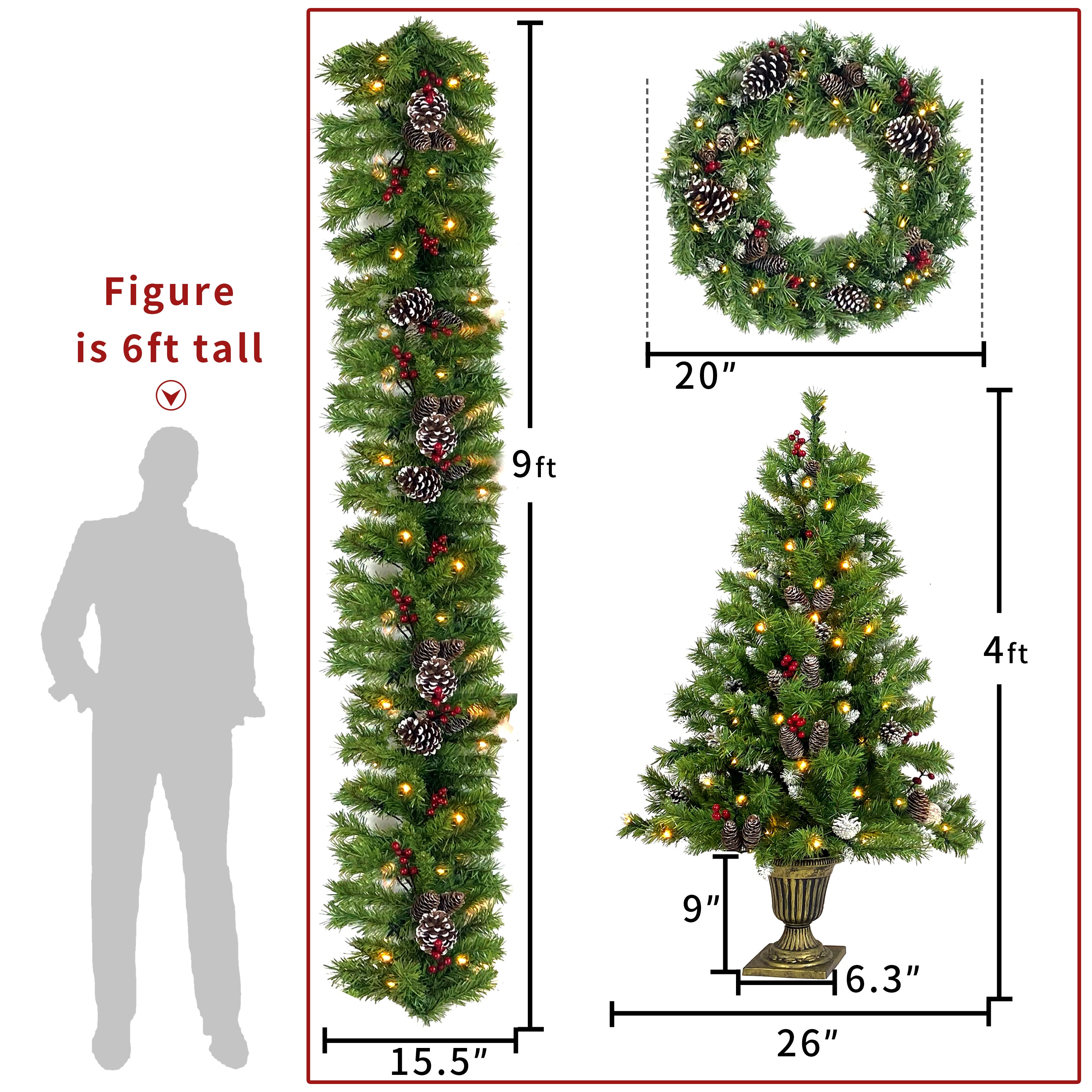 Pre-lit Christmas 4-Piece Set, Garland, Wreath and Set of 2 Entrance Trees X-mas with LED Lights