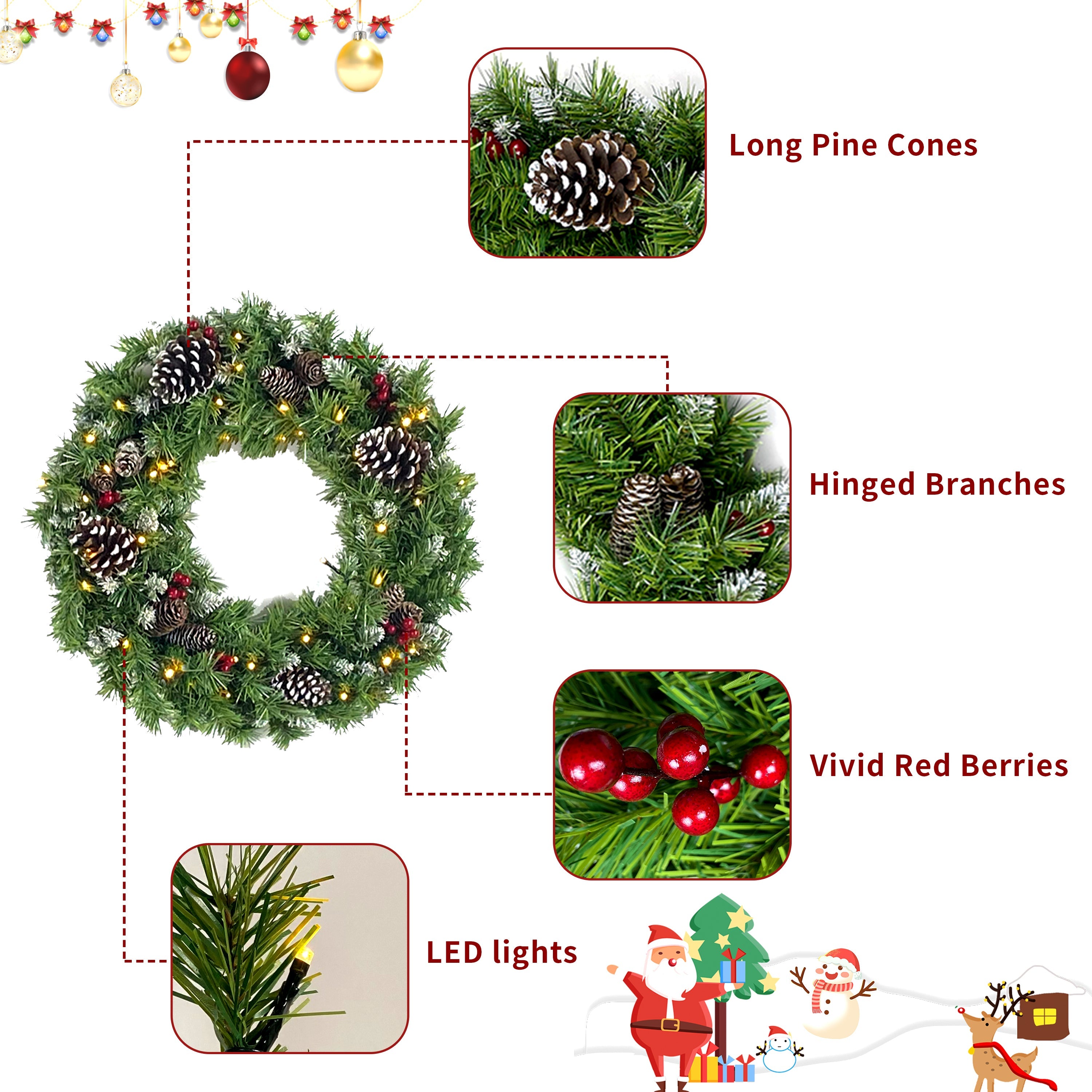 Pre-lit Christmas 4-Piece Set, Garland, Wreath and Set of 2 Entrance Trees X-mas with LED Lights