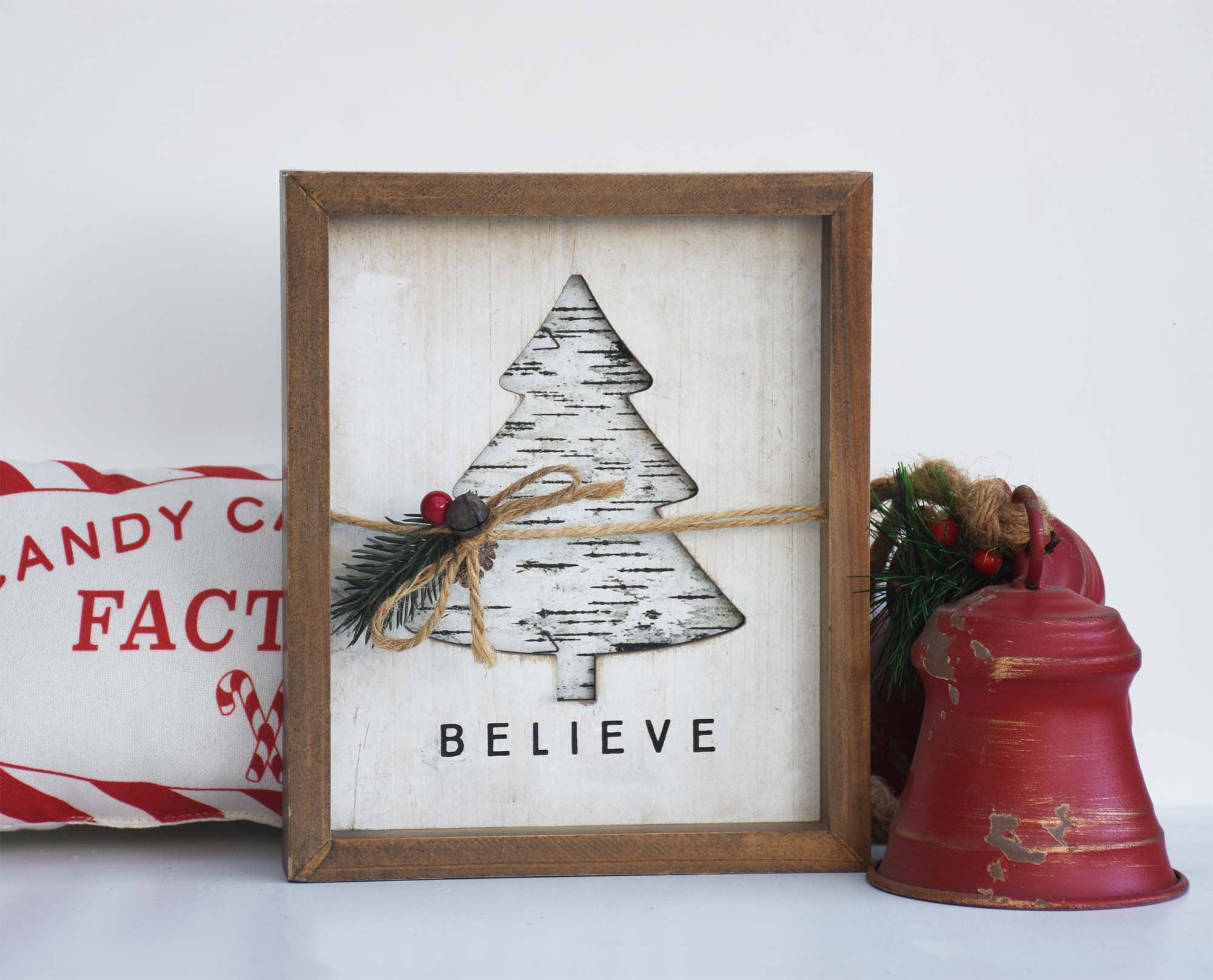 Wood Sign with Cutout Christmas Tree and Berries-Believe