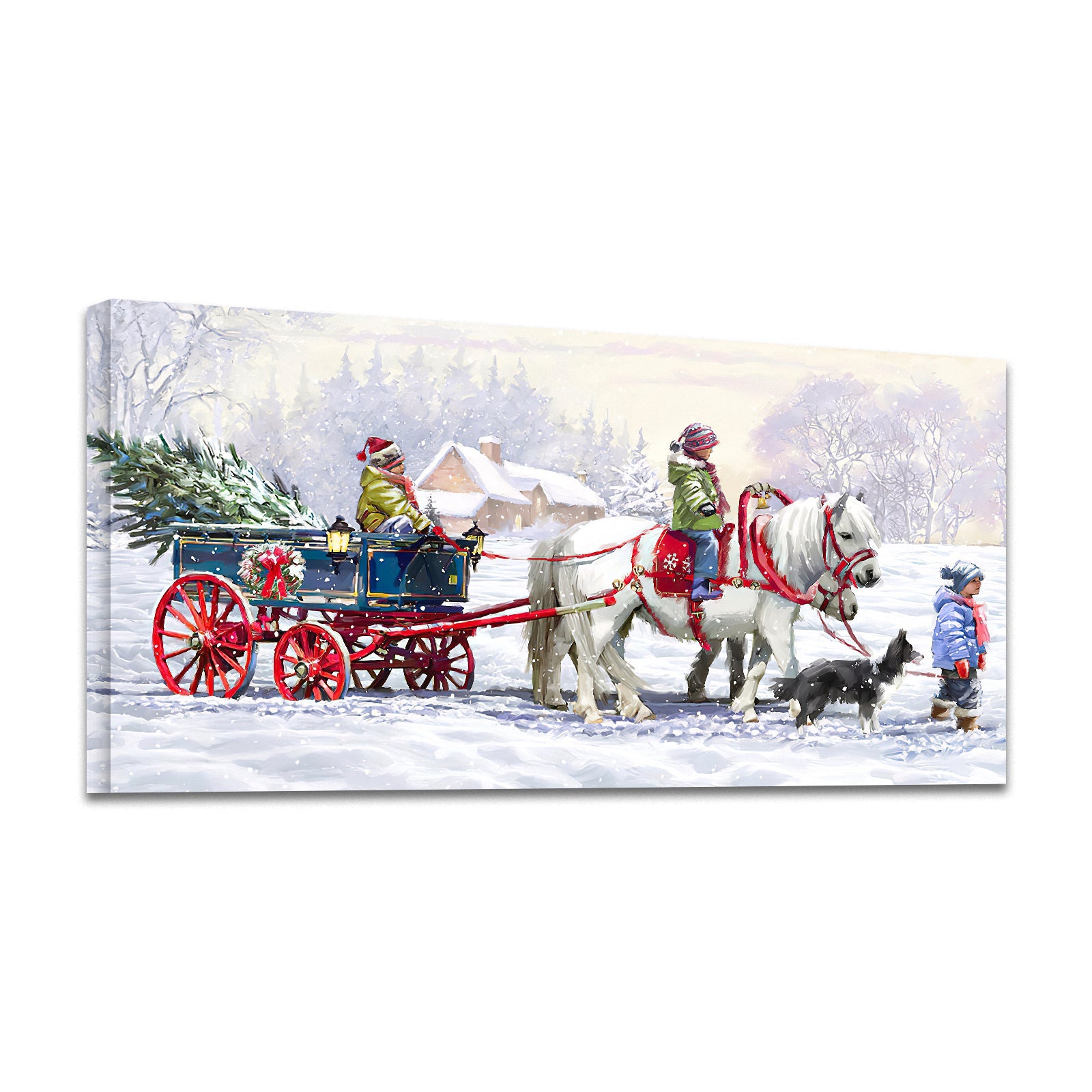 Framed Canvas Wall Art Kids Riding White Horse and Sled