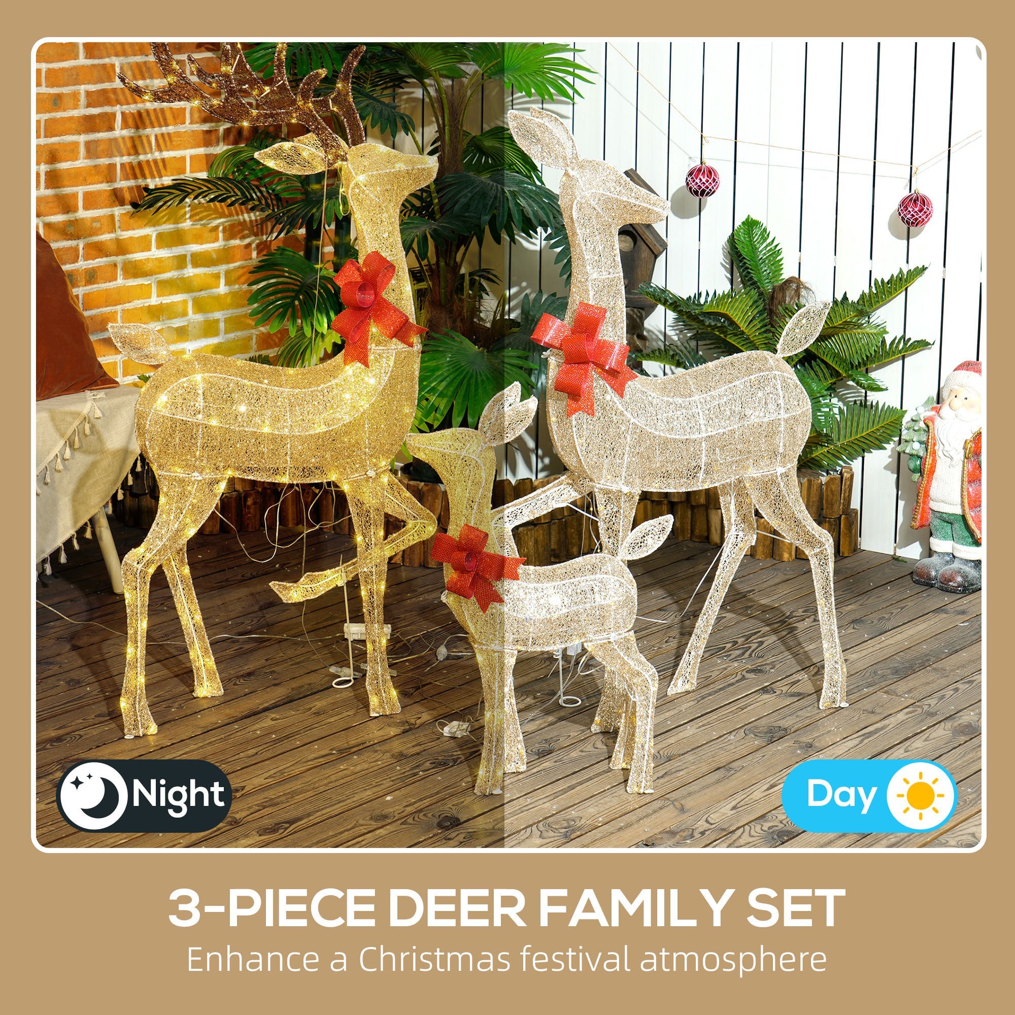 4.5ft 3-Piece Outdoor Light Up Christmas Deer Family Set of 3, with 3 LED Light Modes, Stakes, Zip Ties for Indoor, Outdoor, Yard, Lawn, Gold