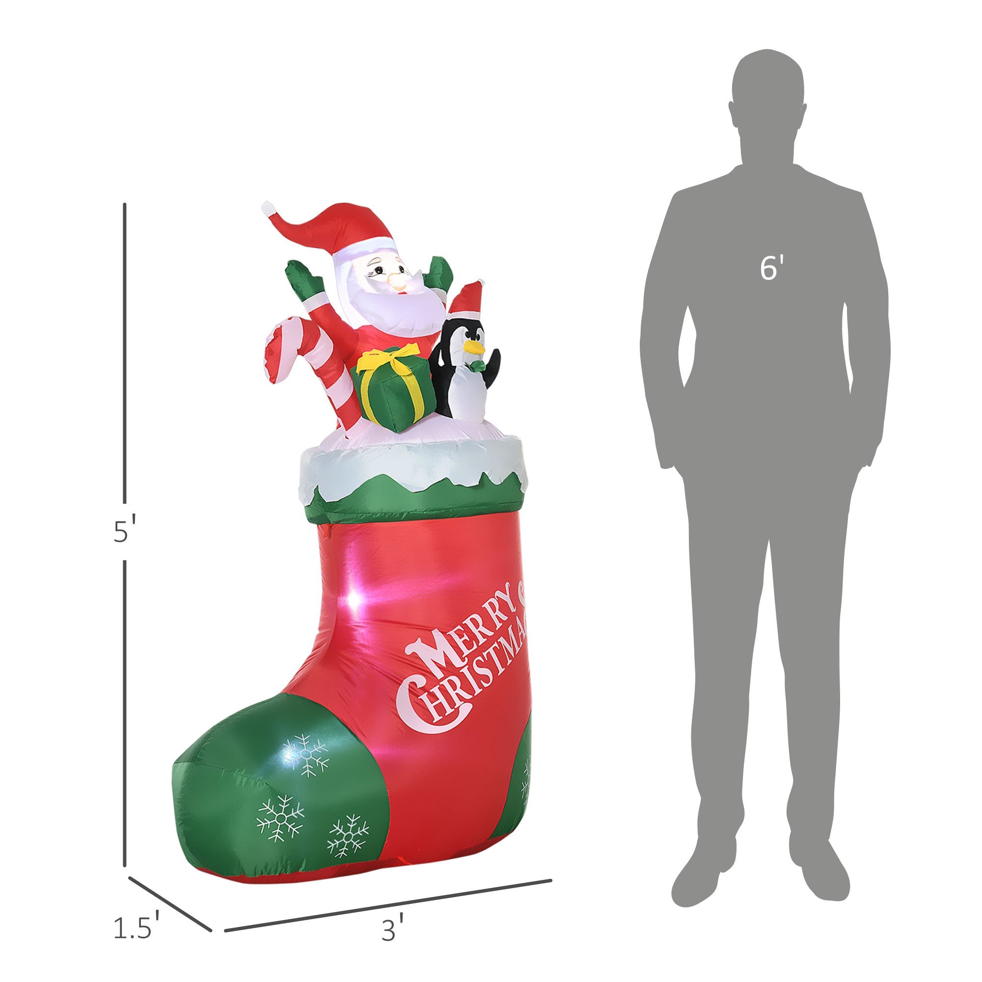 5ft Christmas Inflatables Decorations Santa and Penguin Standing in Sock with Candy Cane Gift Box, Blow-Up LED Yard Decor