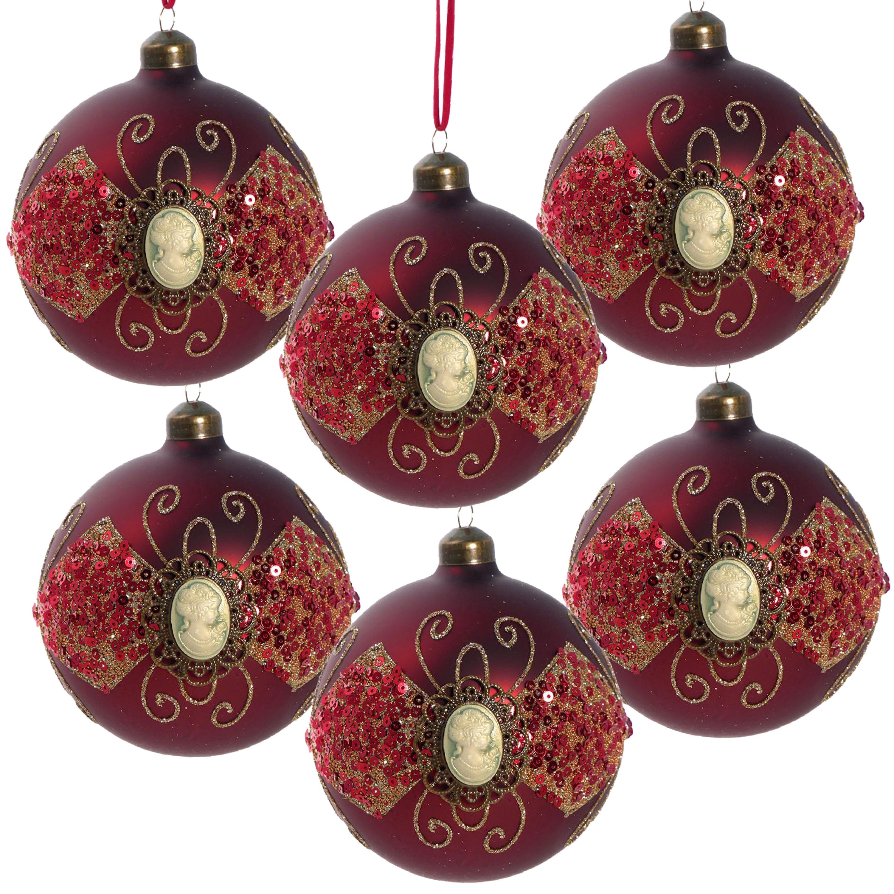 Red and Gold Inlay Christmas Ball Ornaments,  Set of 6