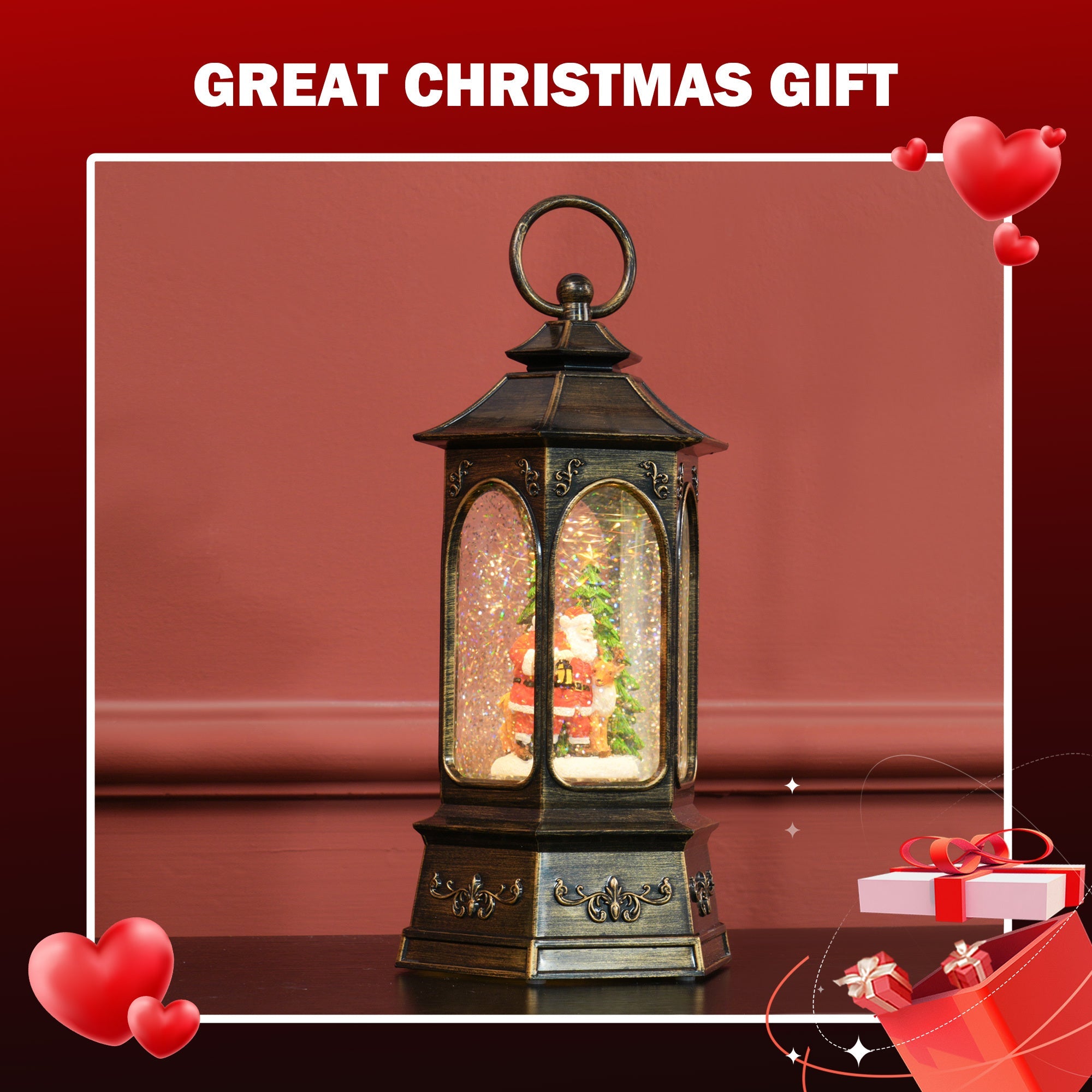 Swirling Christmas Santa Snow Globe Lantern with Music and Lights, Battery Operated -  Bronze