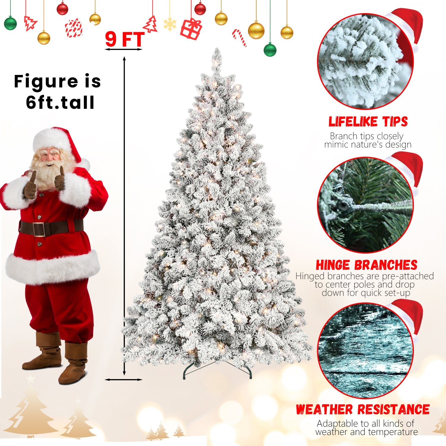 9FT Snow-Flocked Prelit Christmas Tree with Pine Cones & Metal Base.