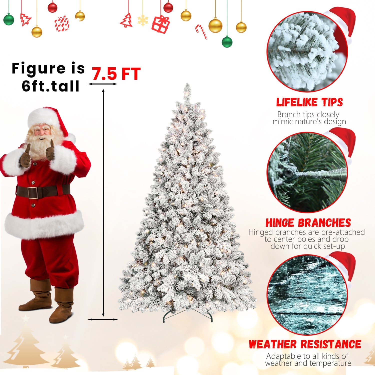 9FT Snow-Flocked Prelit Christmas Tree with Pine Cones & Metal Base.