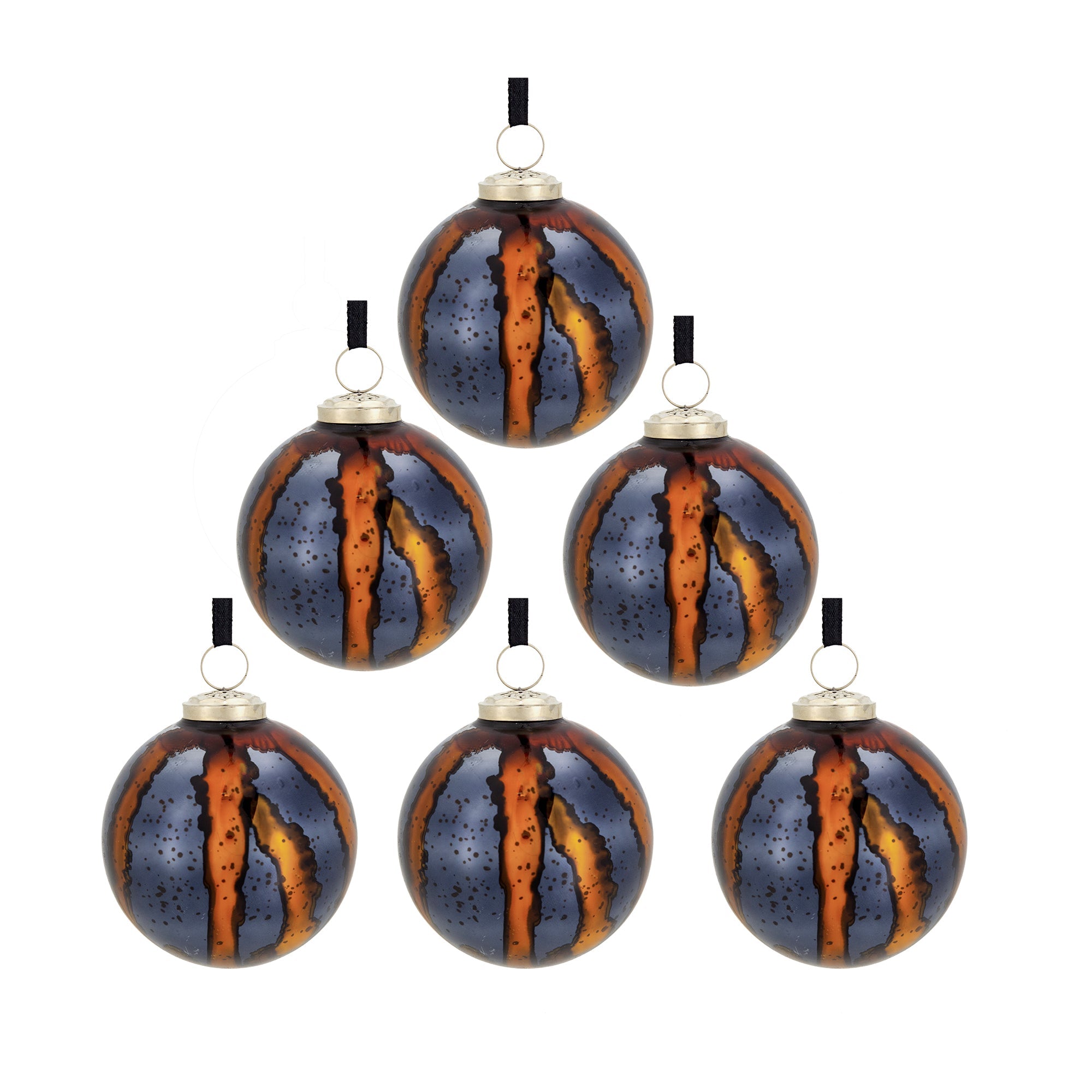 Amber and Black Decorative Hanging Ball Christmas Tree Ornaments - Set of 6