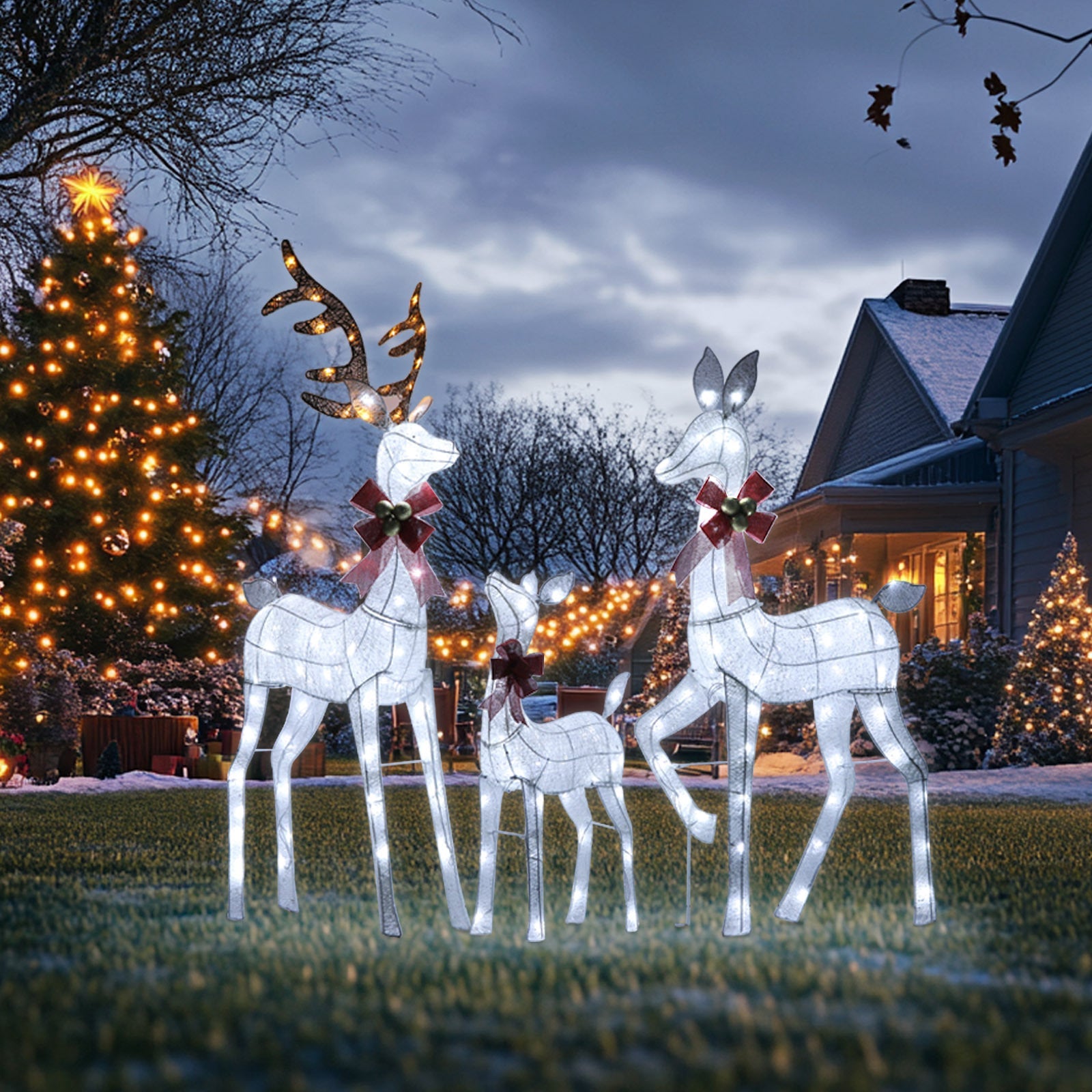 3 Piece Large Lighted Christmas Deer Family Set with Bows  Warm White Deer 210 LED Lights