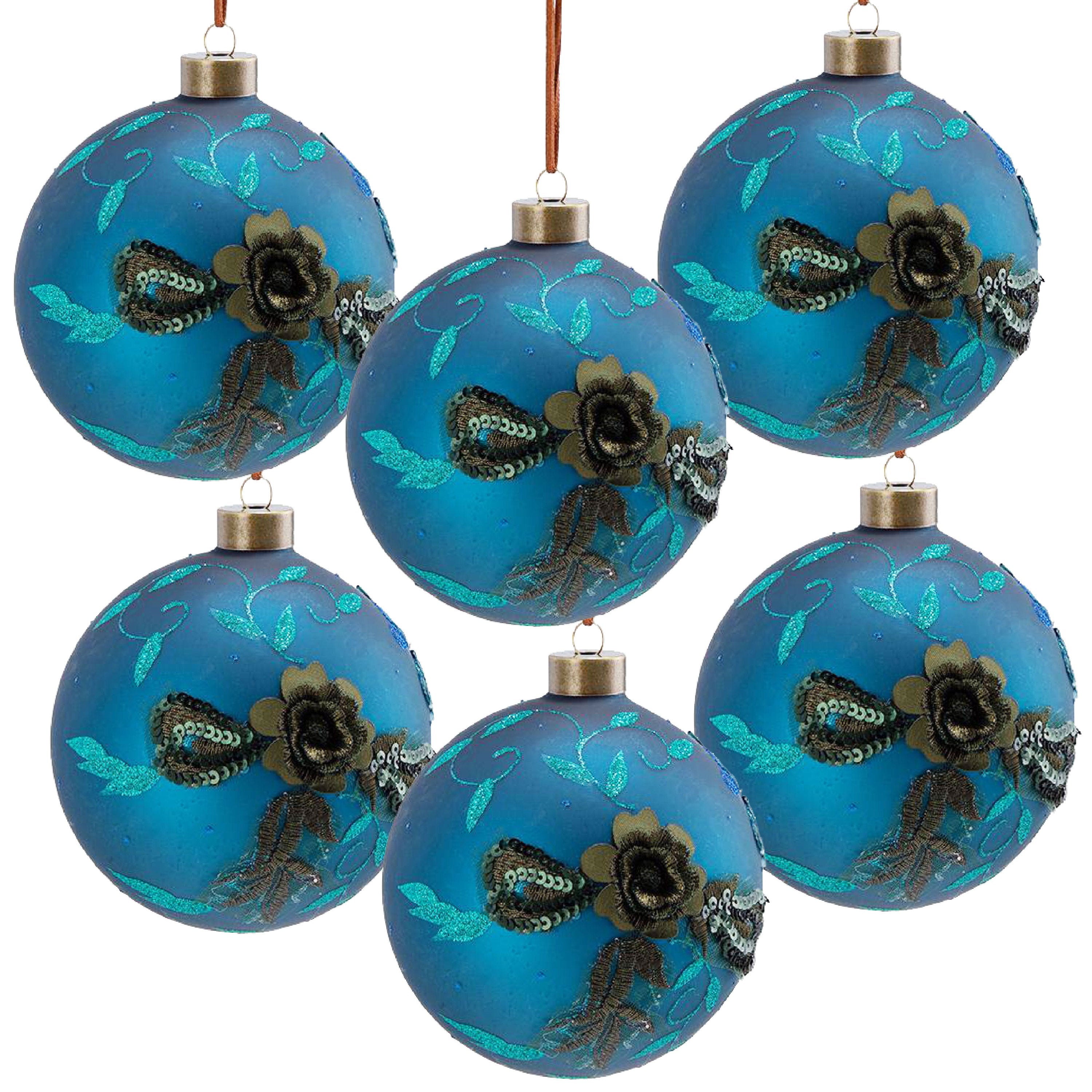 Blue with Gold Butterfly Christmas Ball Ornaments,  Set of 6