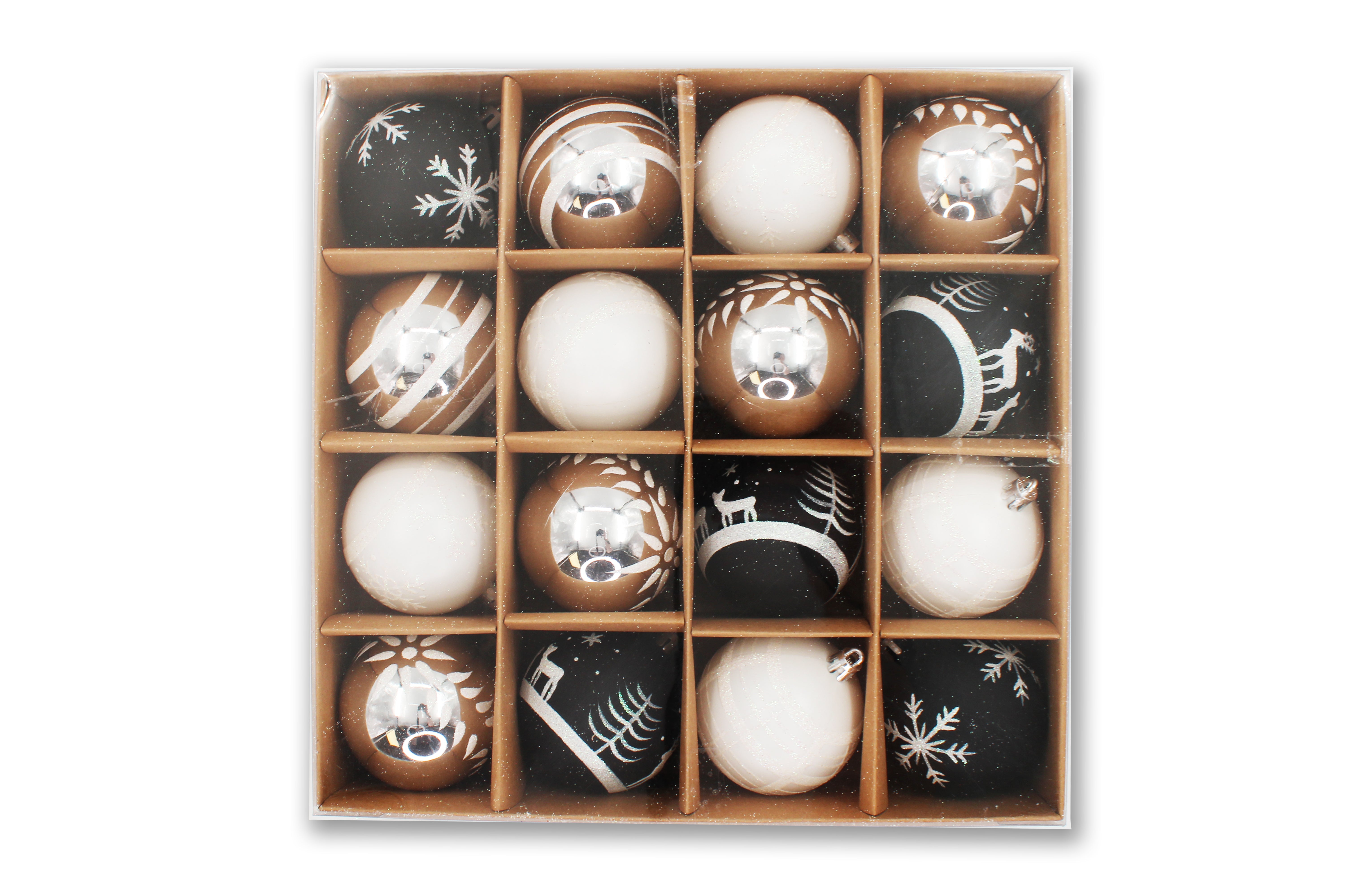 16 Pack Black, White and Silver Assorted Ball Ornaments