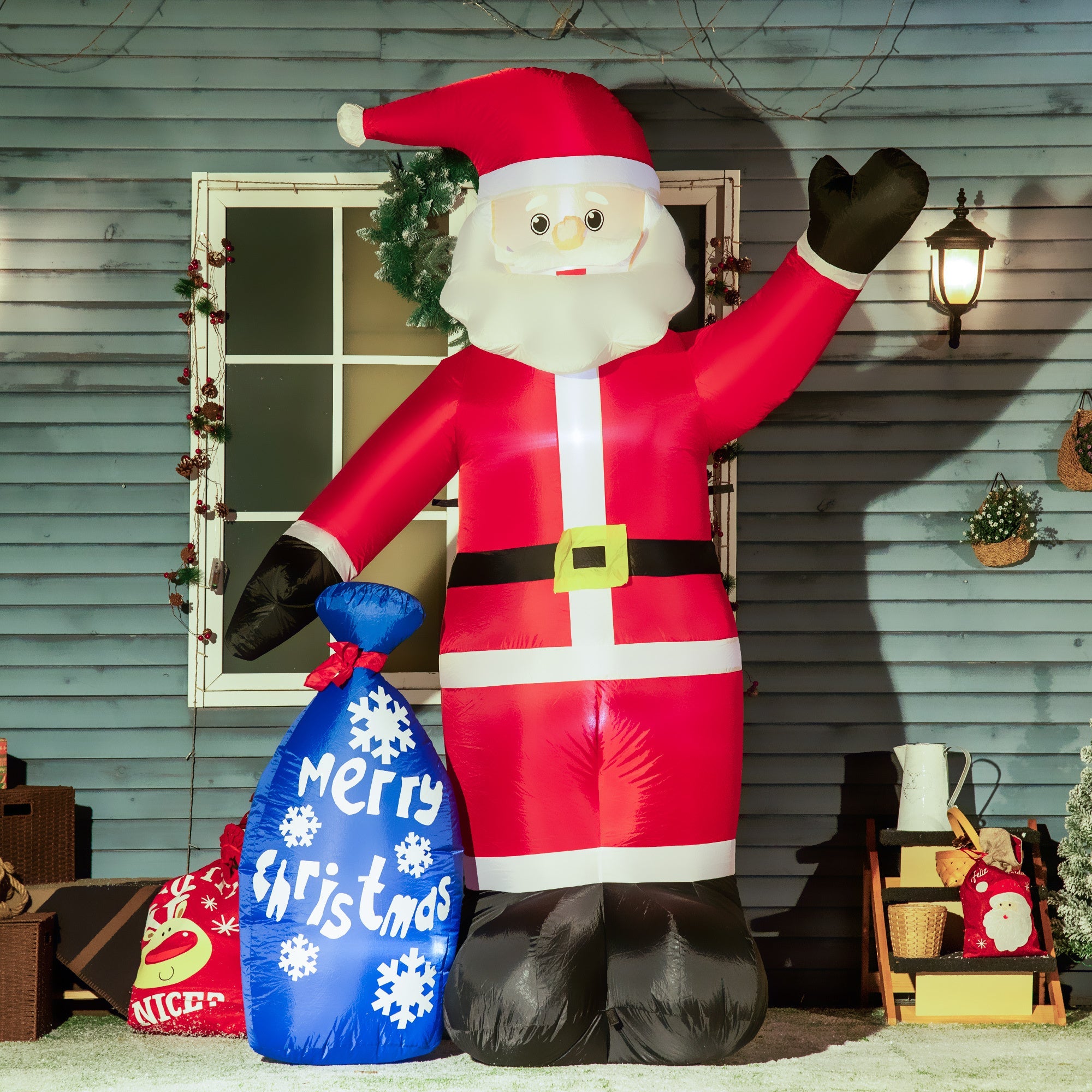 8ft  Smiling Santa Claus with Gift Bag, Blow-Up LED Christmas Inflatables Outdoor