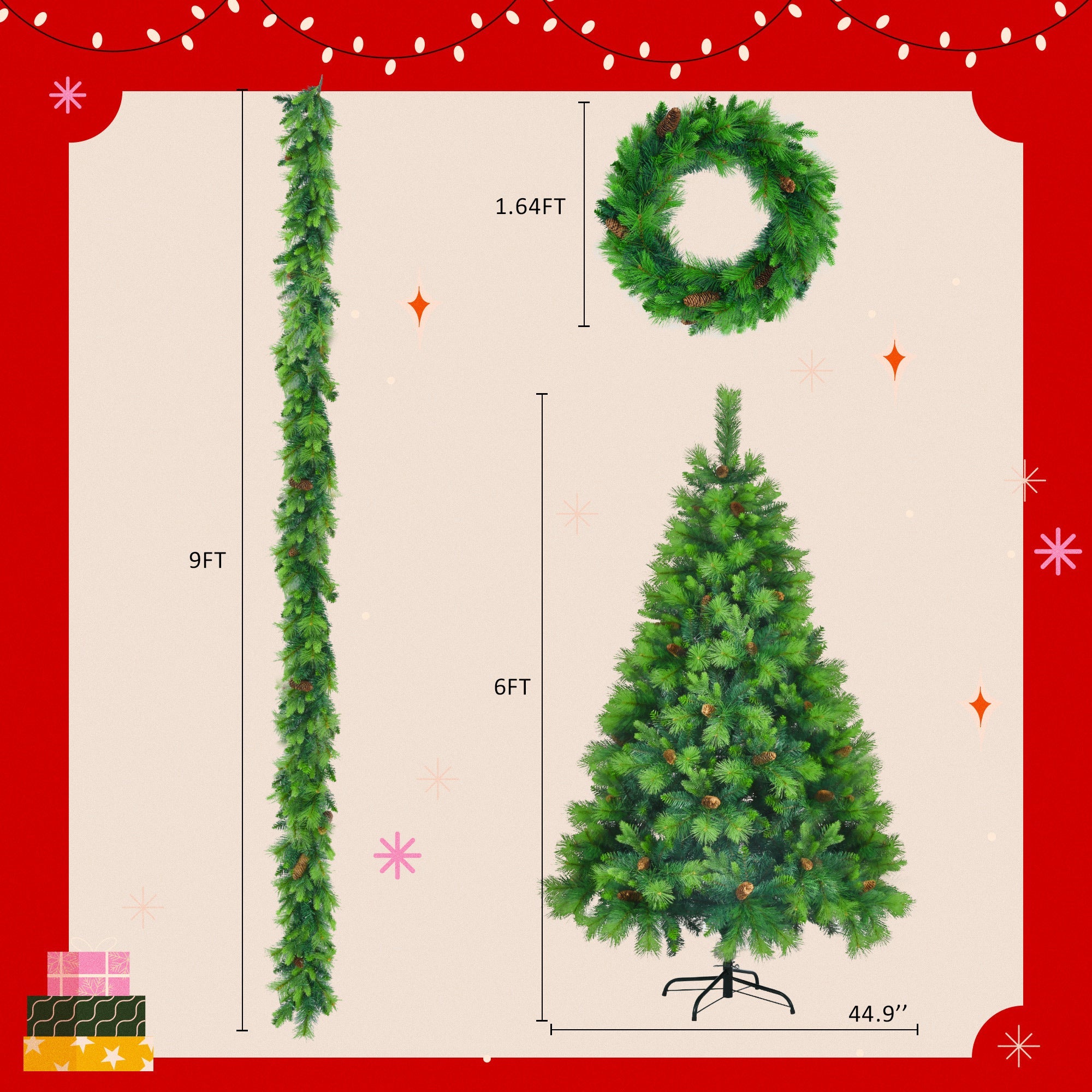 6FT Grass Green Christmas Tree 3 PC - Pre-Lit Set with Tree & Garland & Wreath, Hinged Xmas Tree