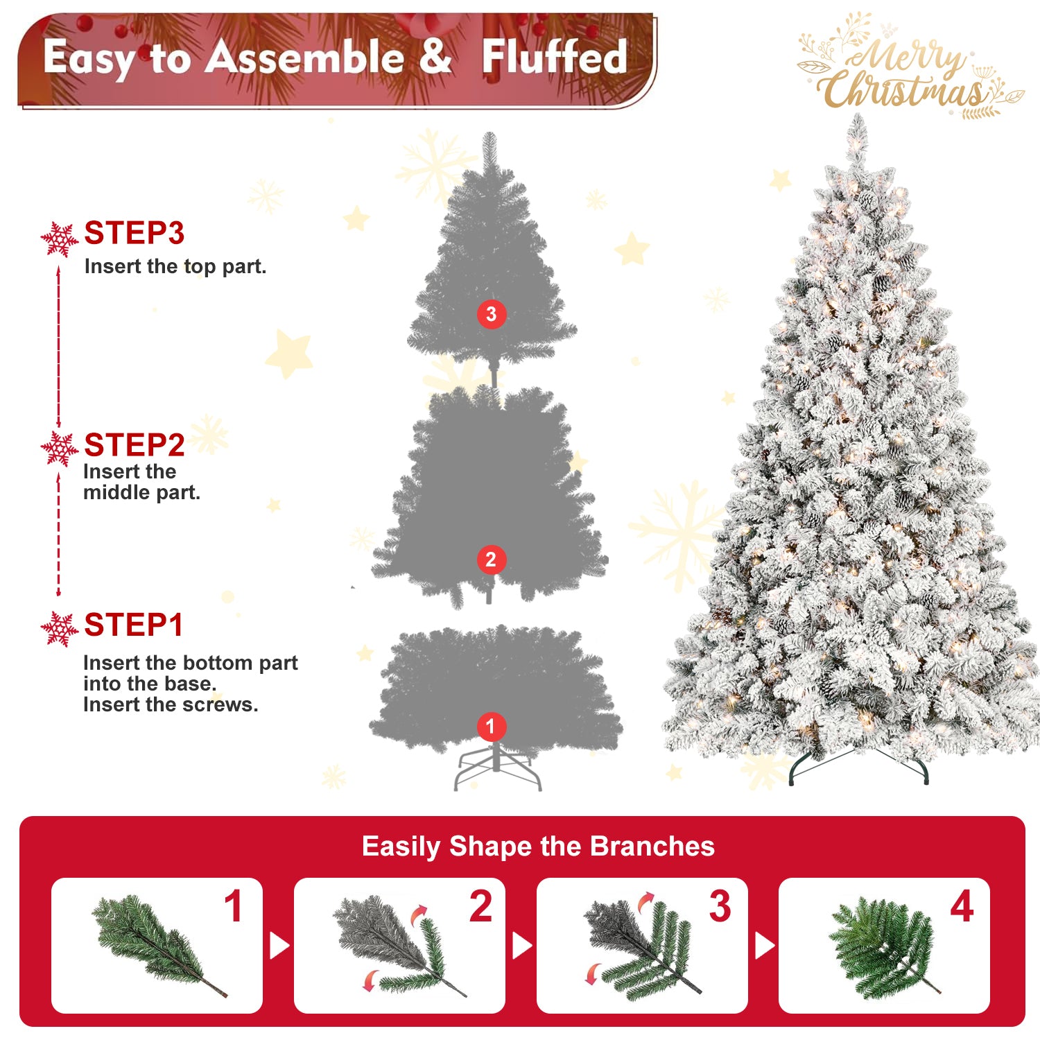 8FT Snow-Flocked Prelit Christmas Tree with Pine Cones & Metal Base.