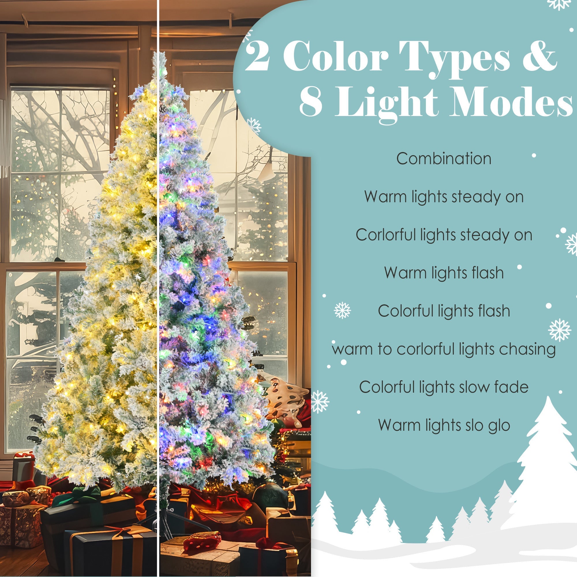 6FT Snow Flocked Christmas Tree, Pre-Lit Set with Tree & Garland & Wreath, Artificial Hinged Xmas Tree with Colorful LED Lights