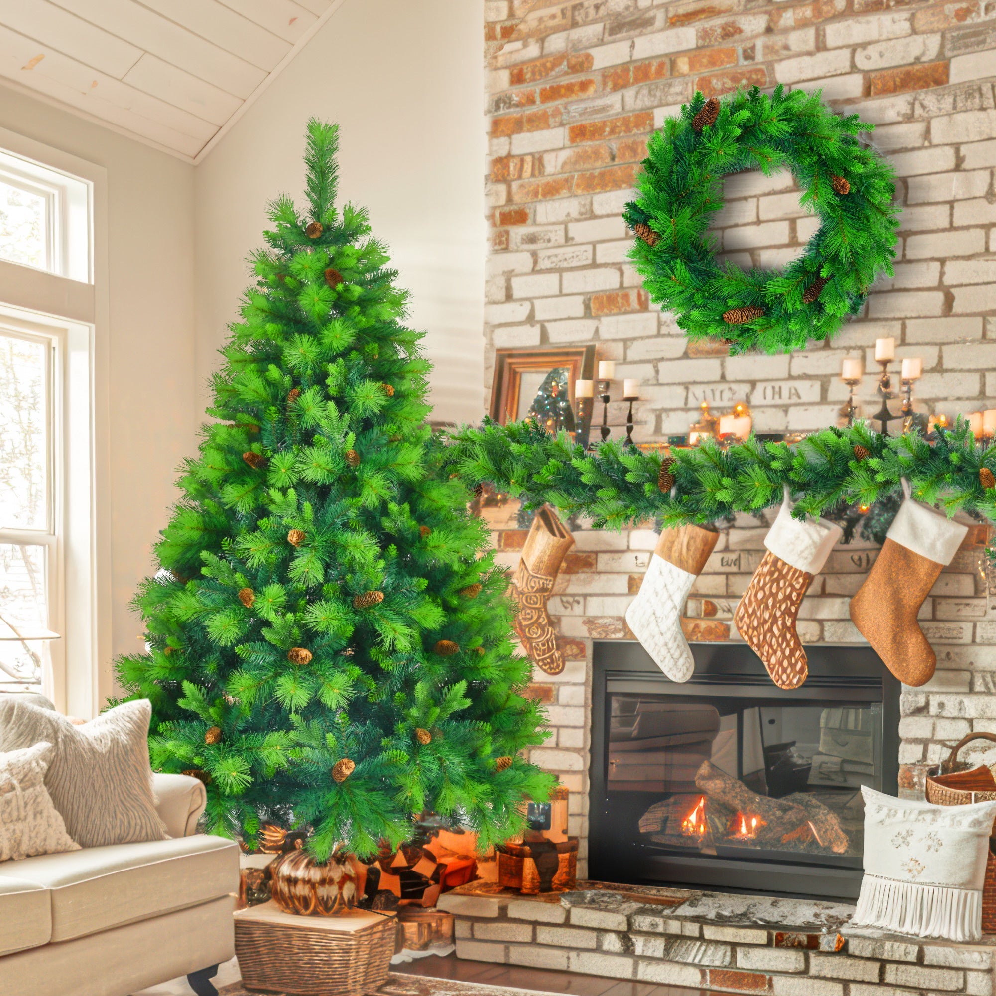 6FT Grass Green Christmas Tree 3 PC - Pre-Lit Set with Tree & Garland & Wreath, Hinged Xmas Tree