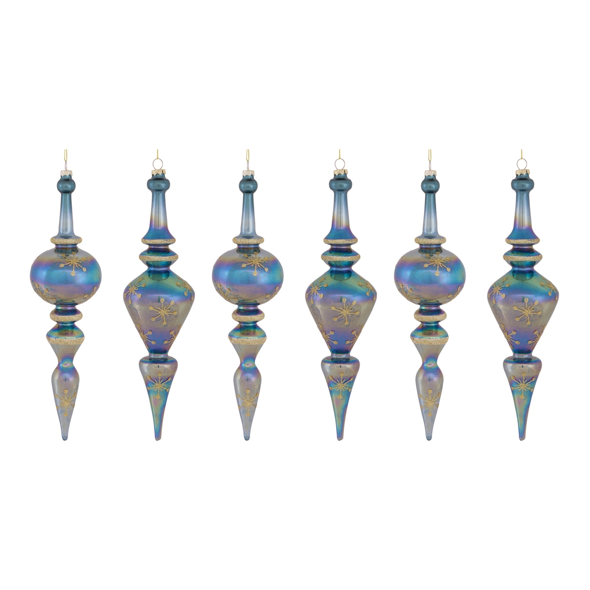 Blue Irredescent Glass Finial Drop Ornament (Set of 6)