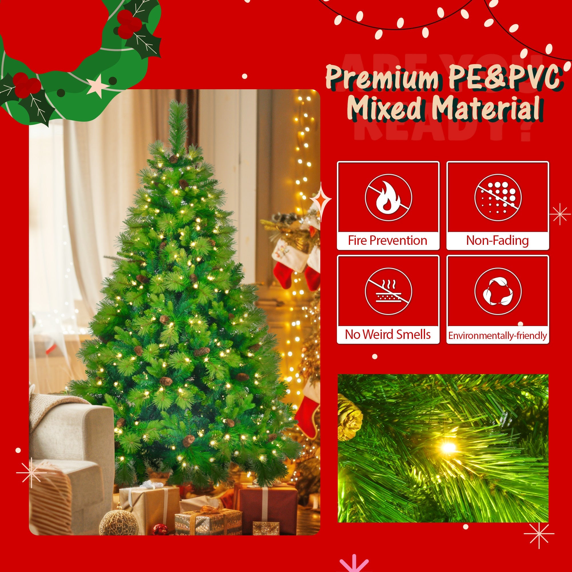 6FT Grass Green Christmas Tree 3 PC - Pre-Lit Set with Tree & Garland & Wreath, Hinged Xmas Tree