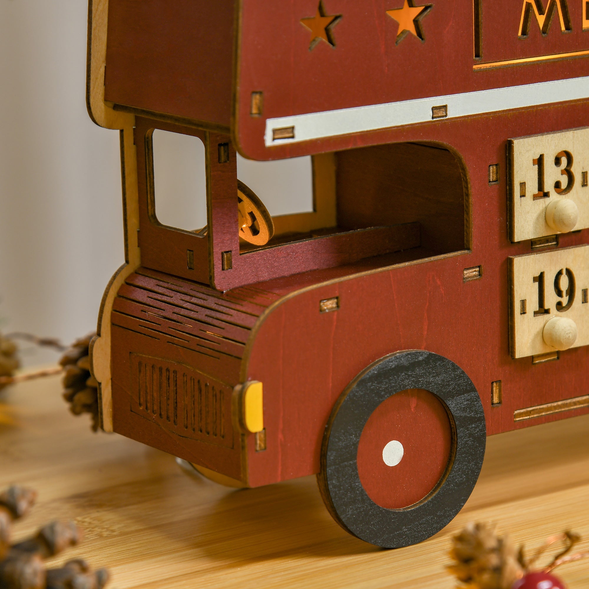 Christmas Bust Advent Calendar, Light Up Wooden Bus Holiday with Countdown Drawer