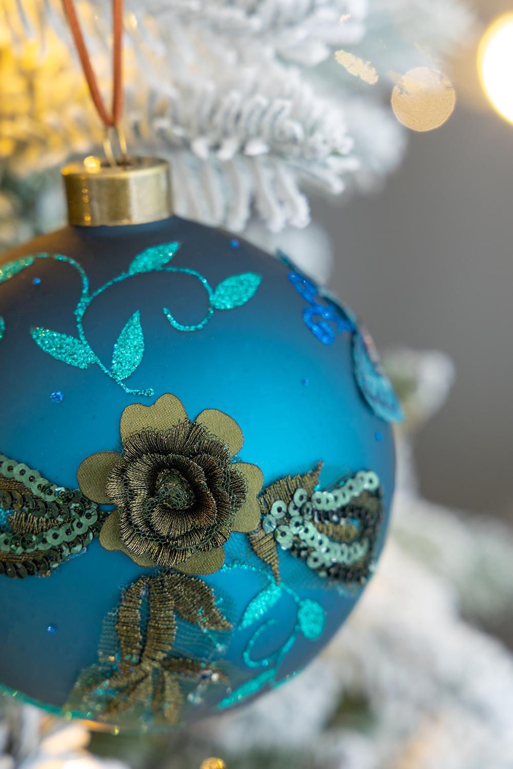 Blue with Gold Flowers Christmas Ball Ornaments,  Set of 4