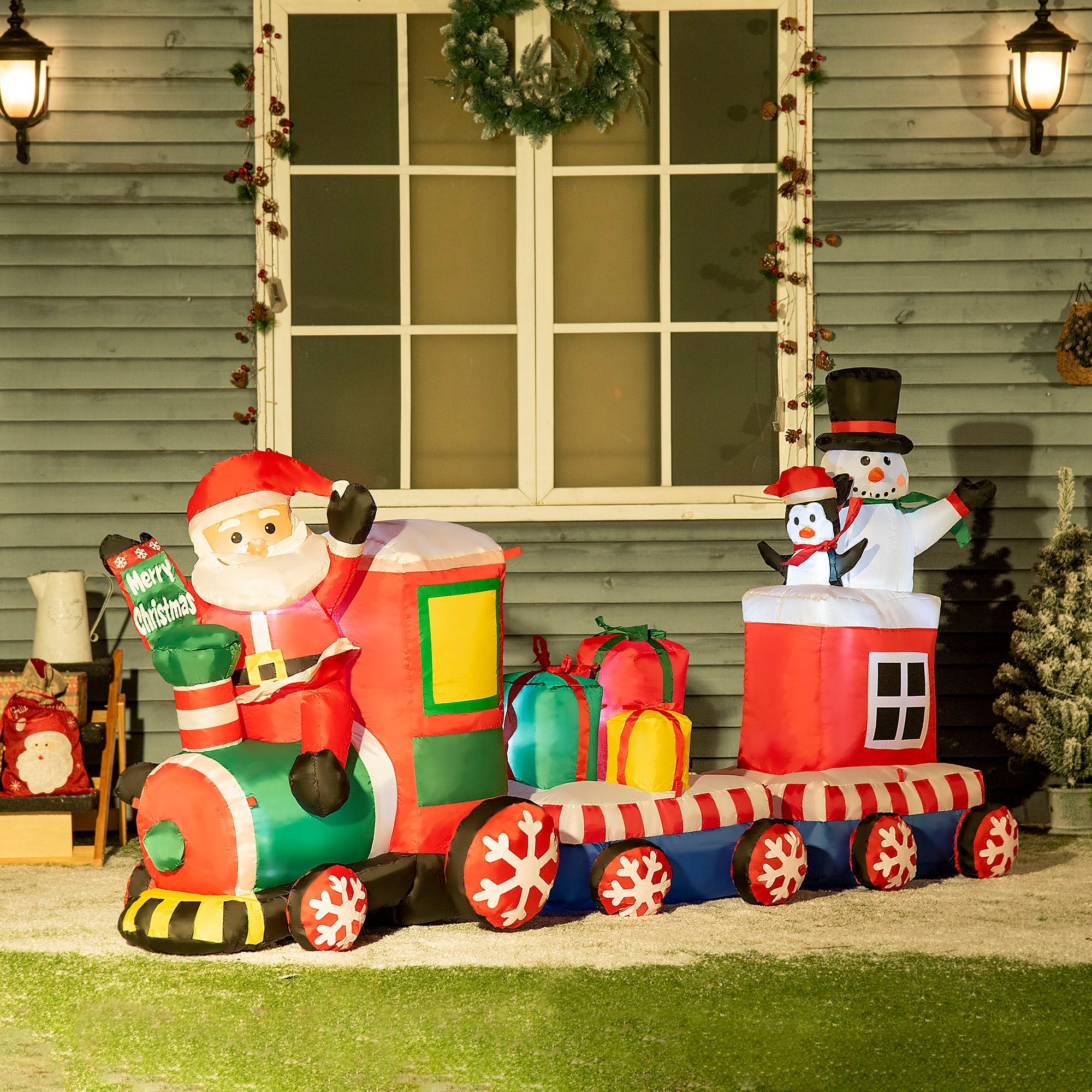 8ft Train with Santa Claus, Snowman, Penguin and Gift Boxes, Blow-Up LED Yard  Decor-Christmas Inflatable