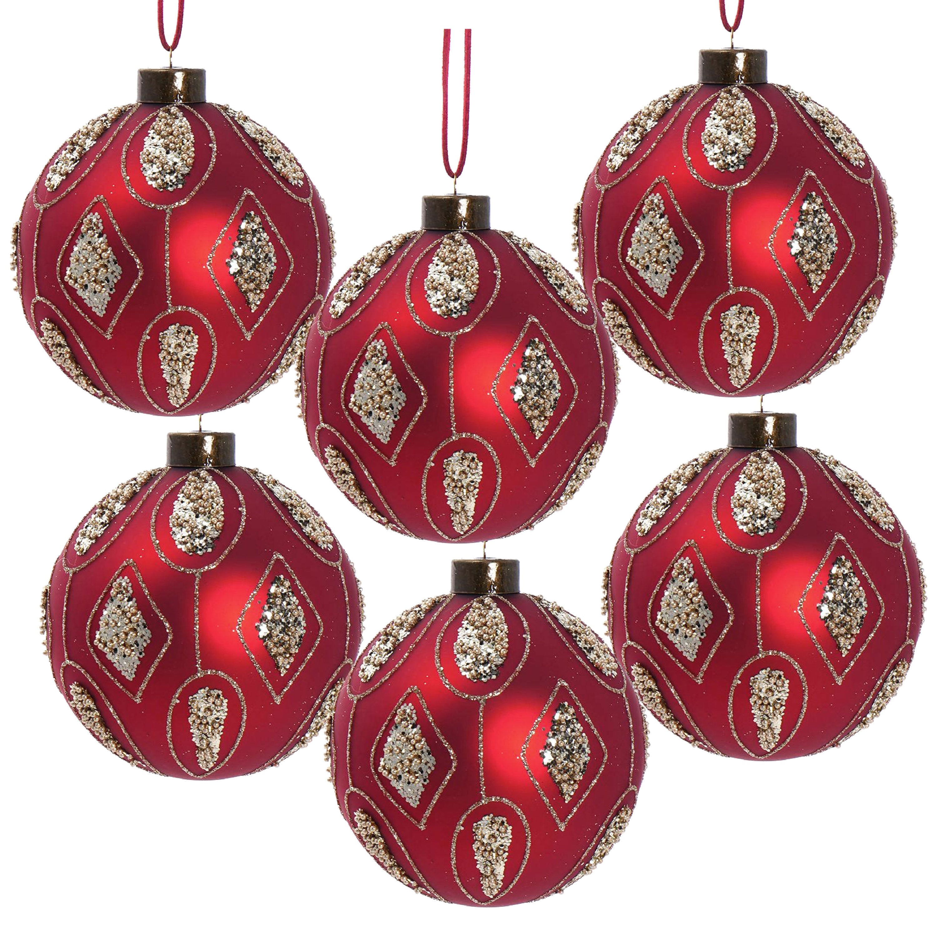 Red Luster Glass Decorative Hanging Ball Christmas Tree Ornaments - Set of 6