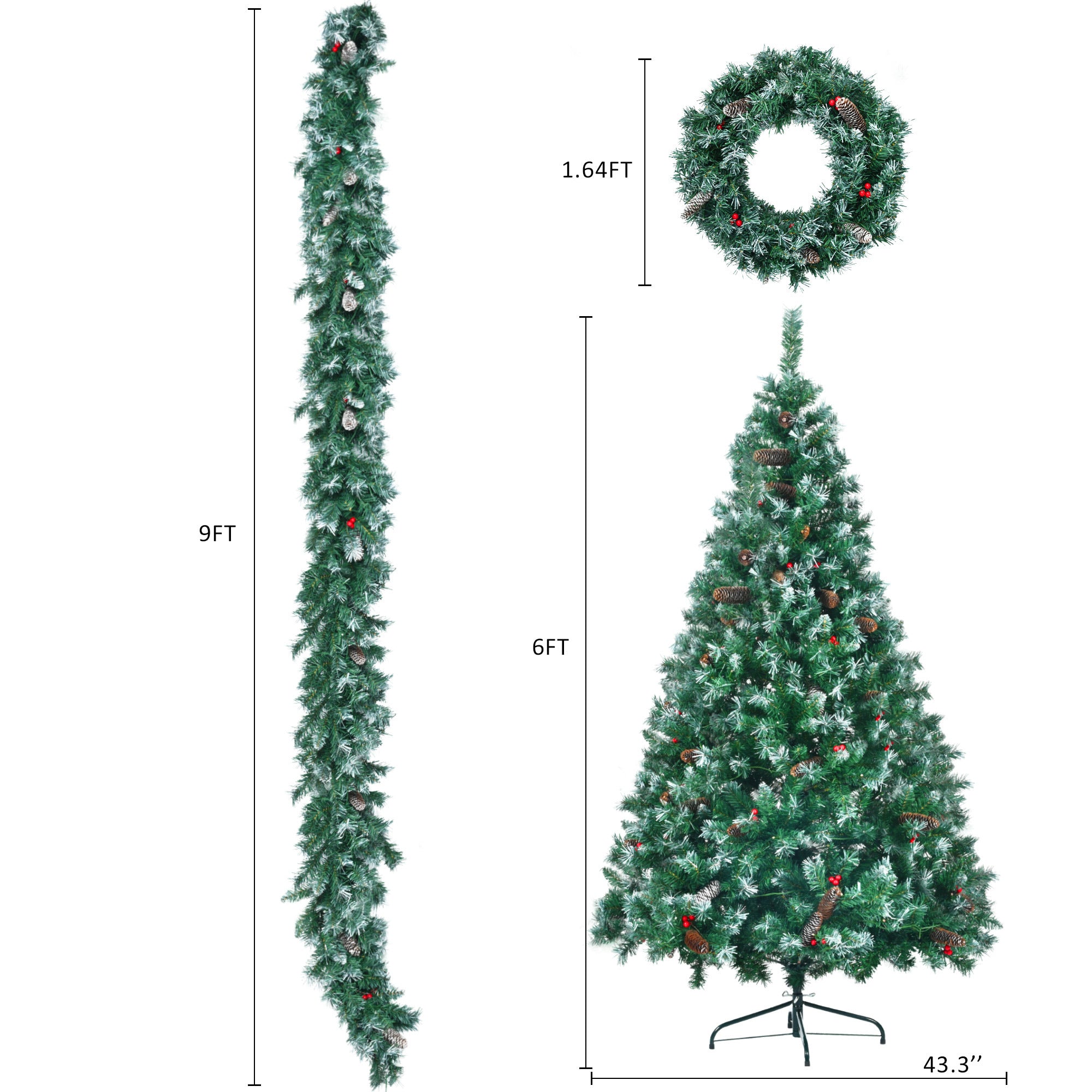 6FT Dark Green Pine Christmas Tree, Pre-Lit 3 PC Set with Tree & Garland & Wreath with white tips