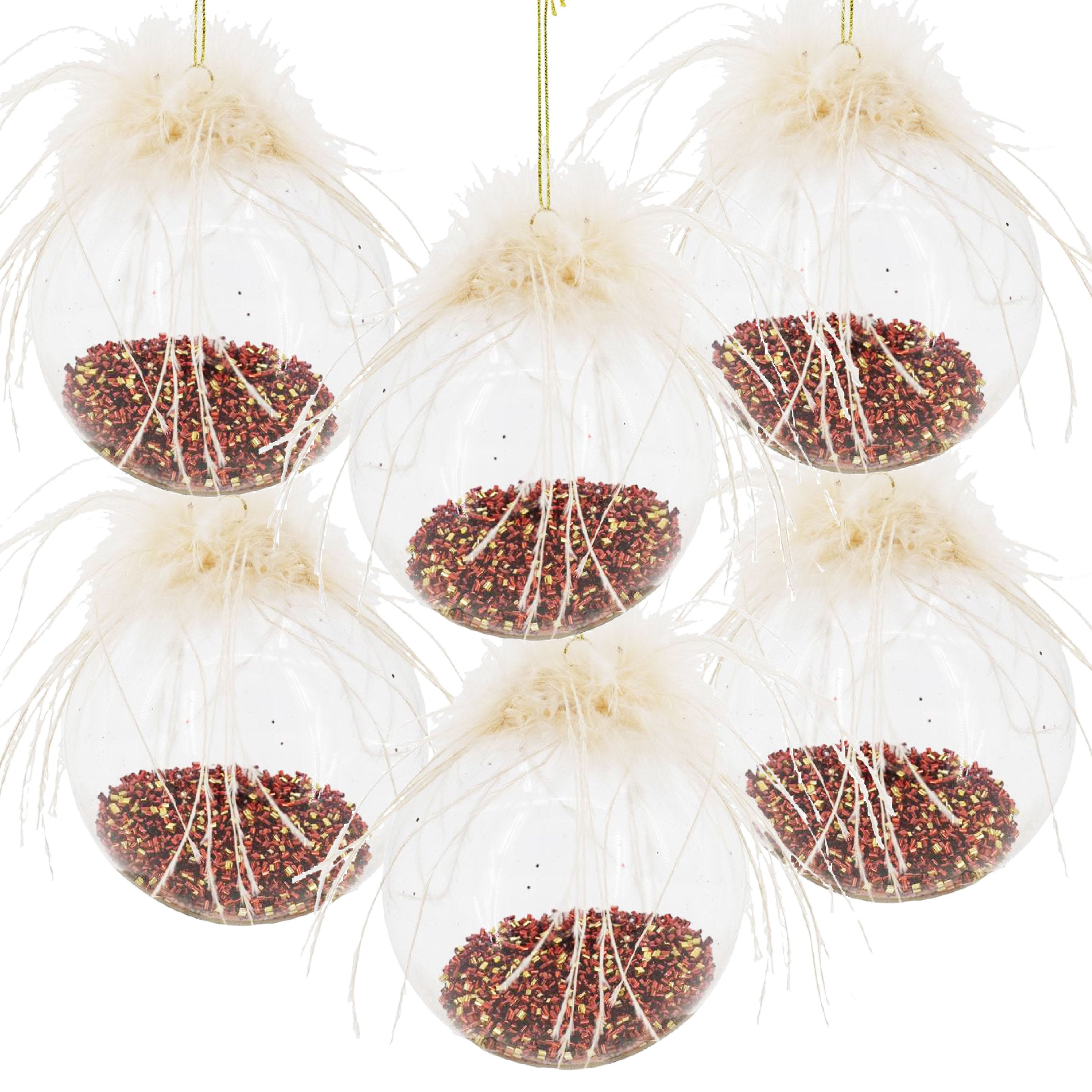 Clear with Red Glitter Christmas Ball Ornaments, Set of 6