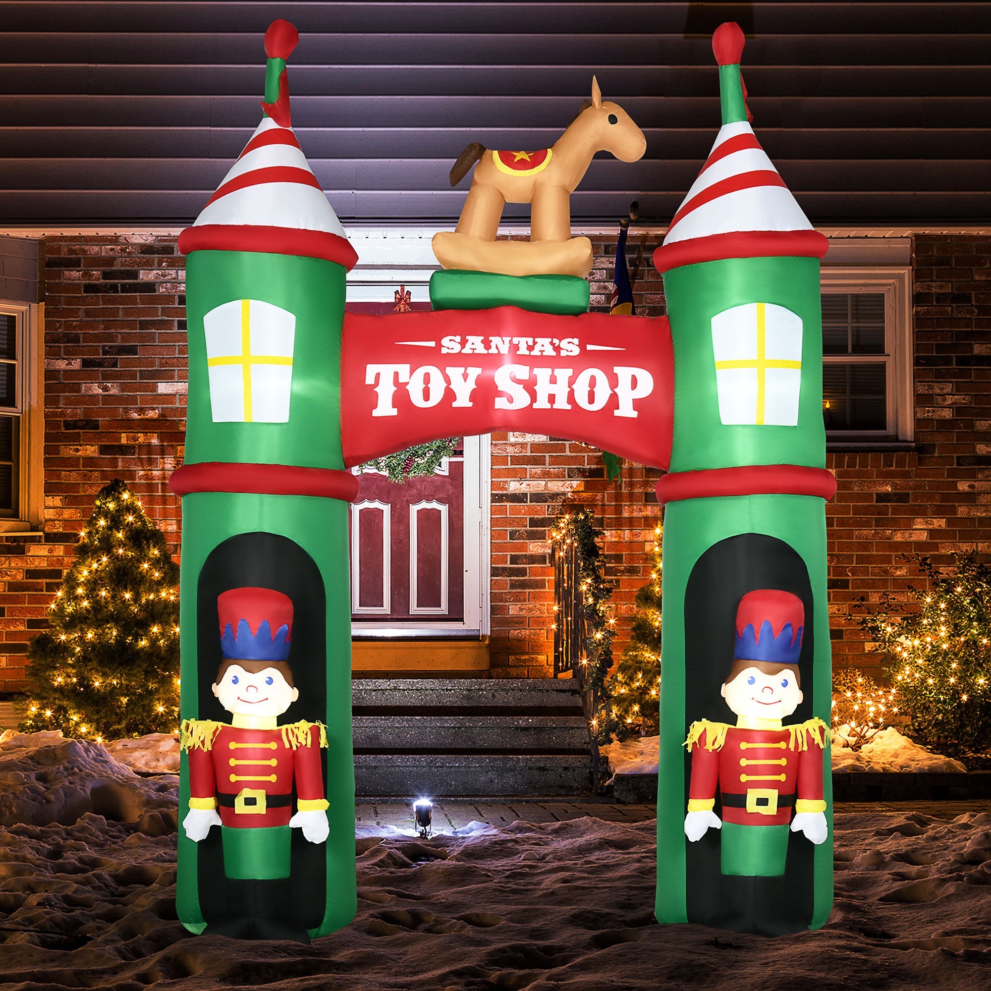 11.5ft   Archway with 2 Nutcracker Soldiers Rocking Horse, Blow-Up LED Yard  Decor