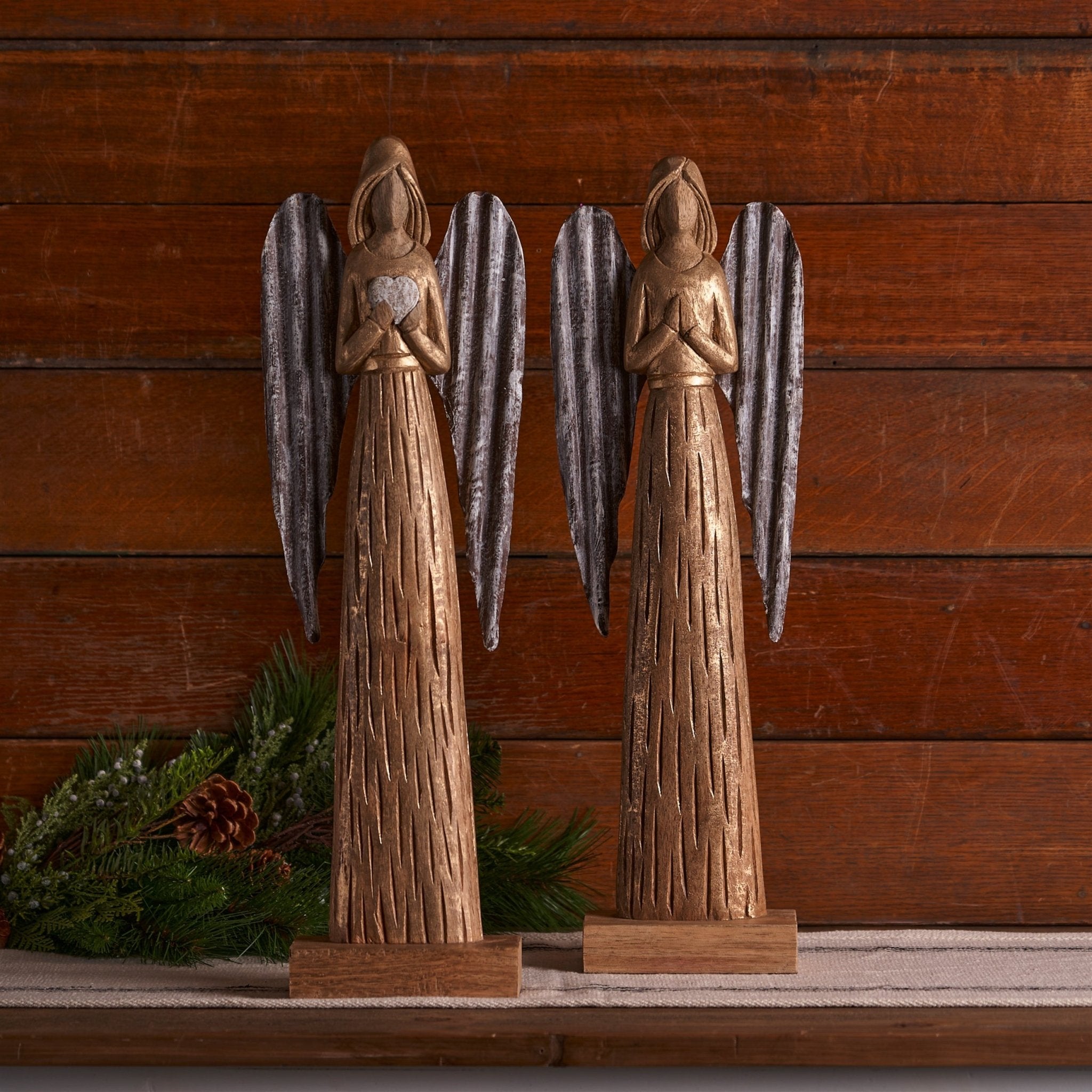 Carved Wood Angel Statue (Set of 2)