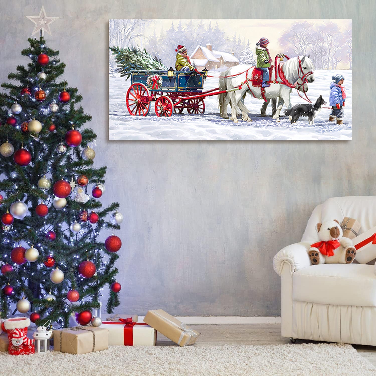 Framed Canvas Wall Art Kids Riding White Horse and Sled