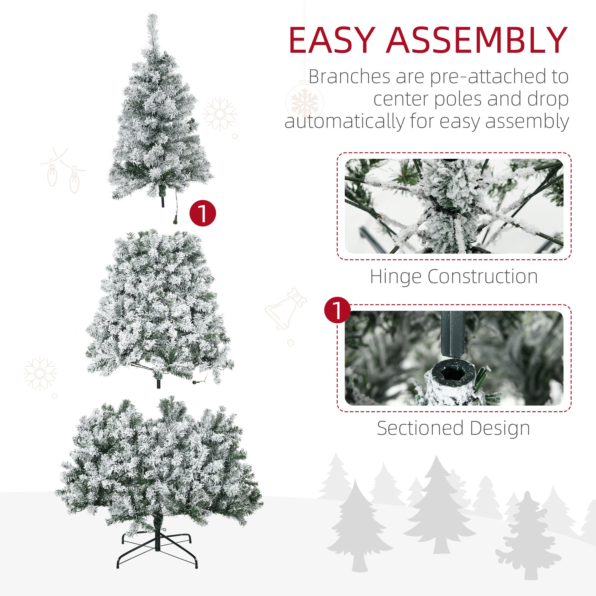 7.5ft Tall Pre-lit Artificial Christmas Tree with Snow Flocked Branches,  Warm White LED Lights,  Green