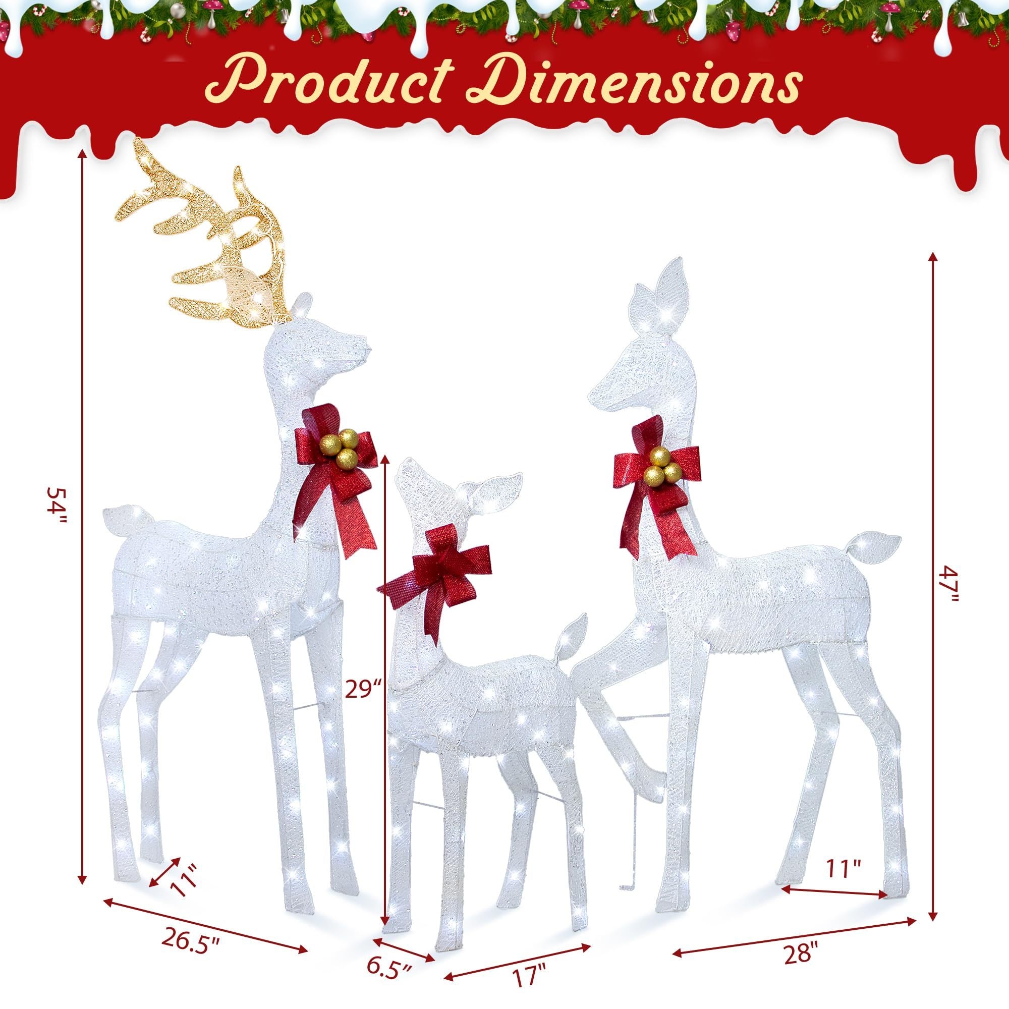 3 Piece Large Lighted Christmas Deer Family Set with Bows  Warm White Deer 210 LED Lights