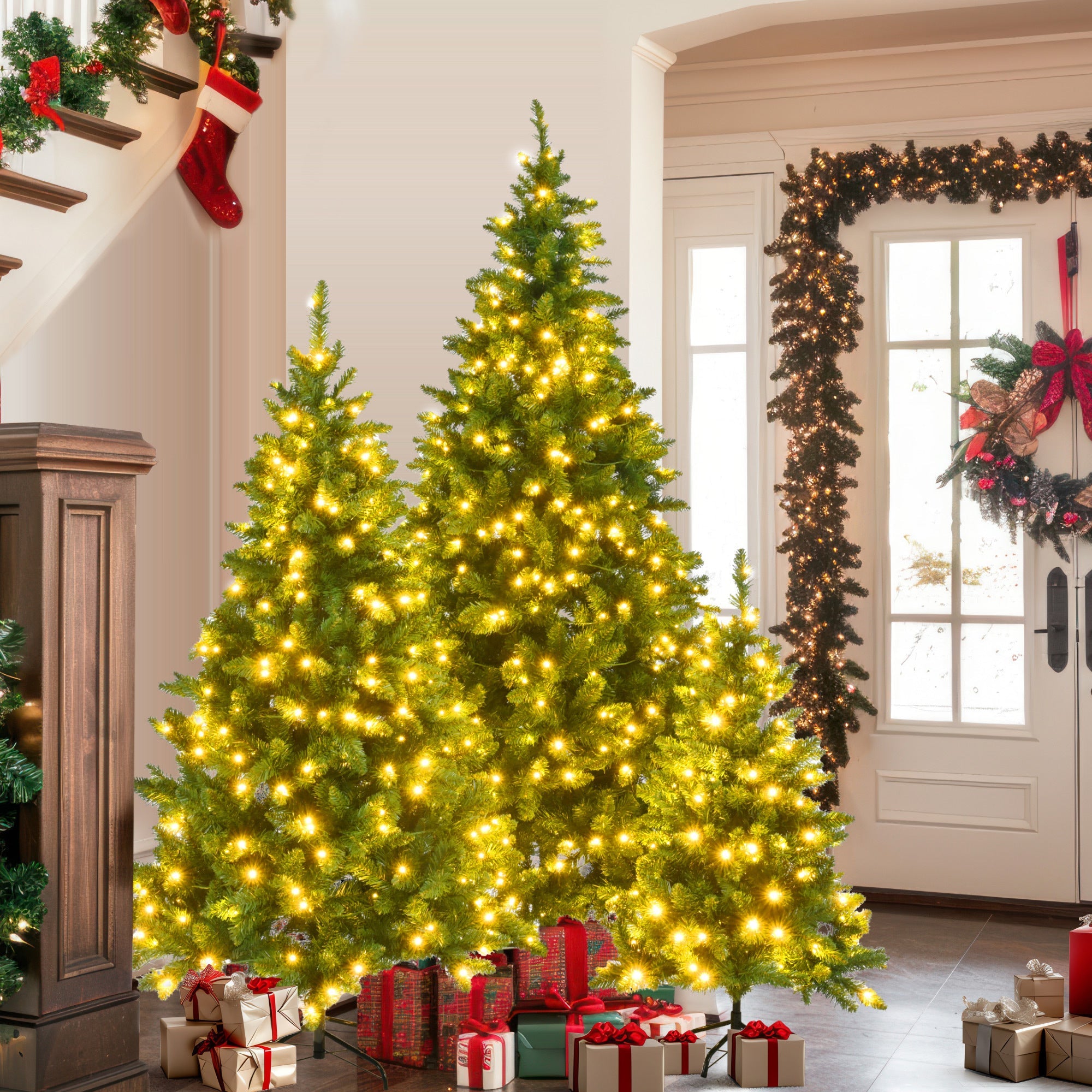 8FT, 6FT, 4FT Pre-Lit Green Pine Artificial Christmas Tree, Set of 3 Hinged Xmas Trees with 820 Warm-Yellow LED Lights