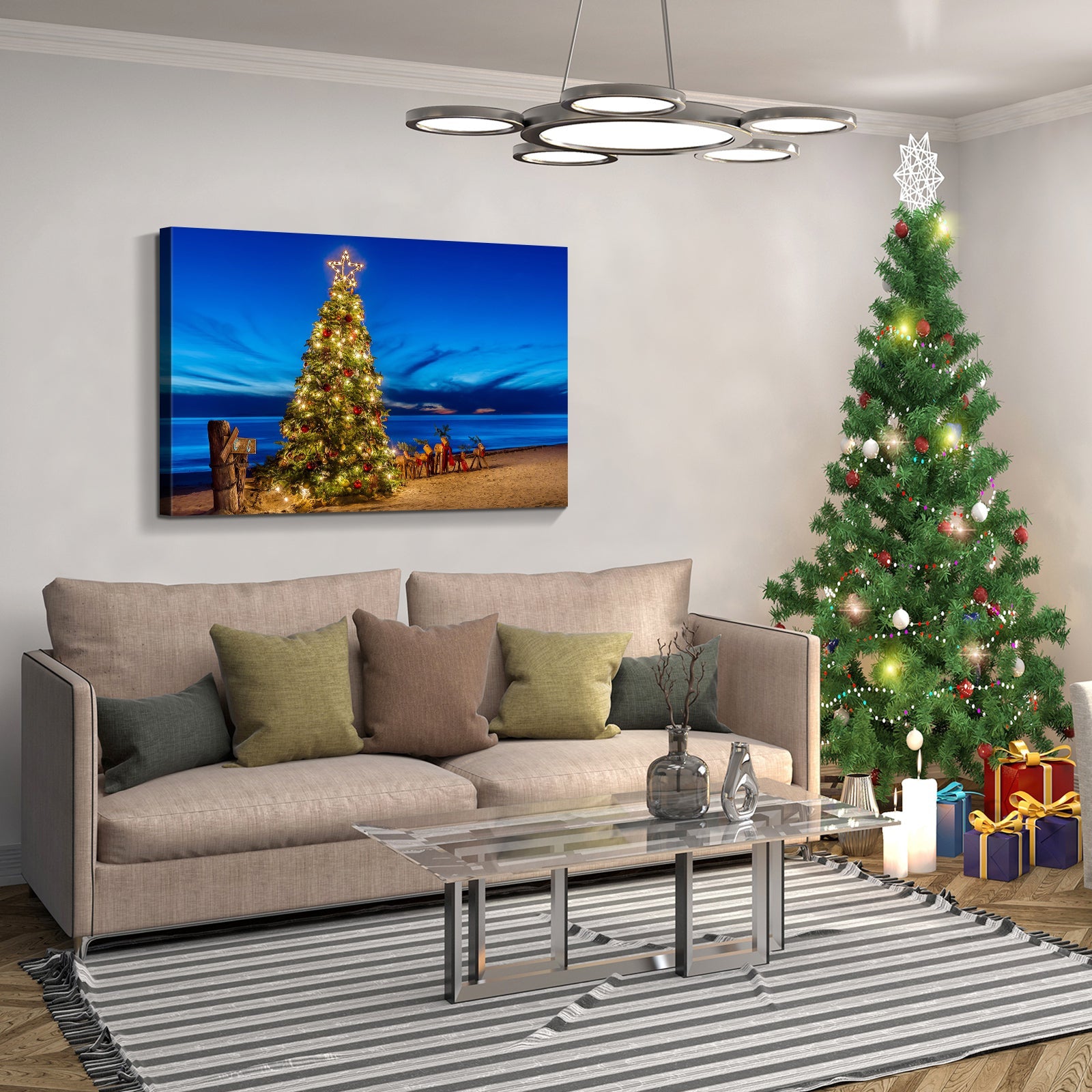 Framed Canvas Wall Art Decor , Christmas Tree on Seaside