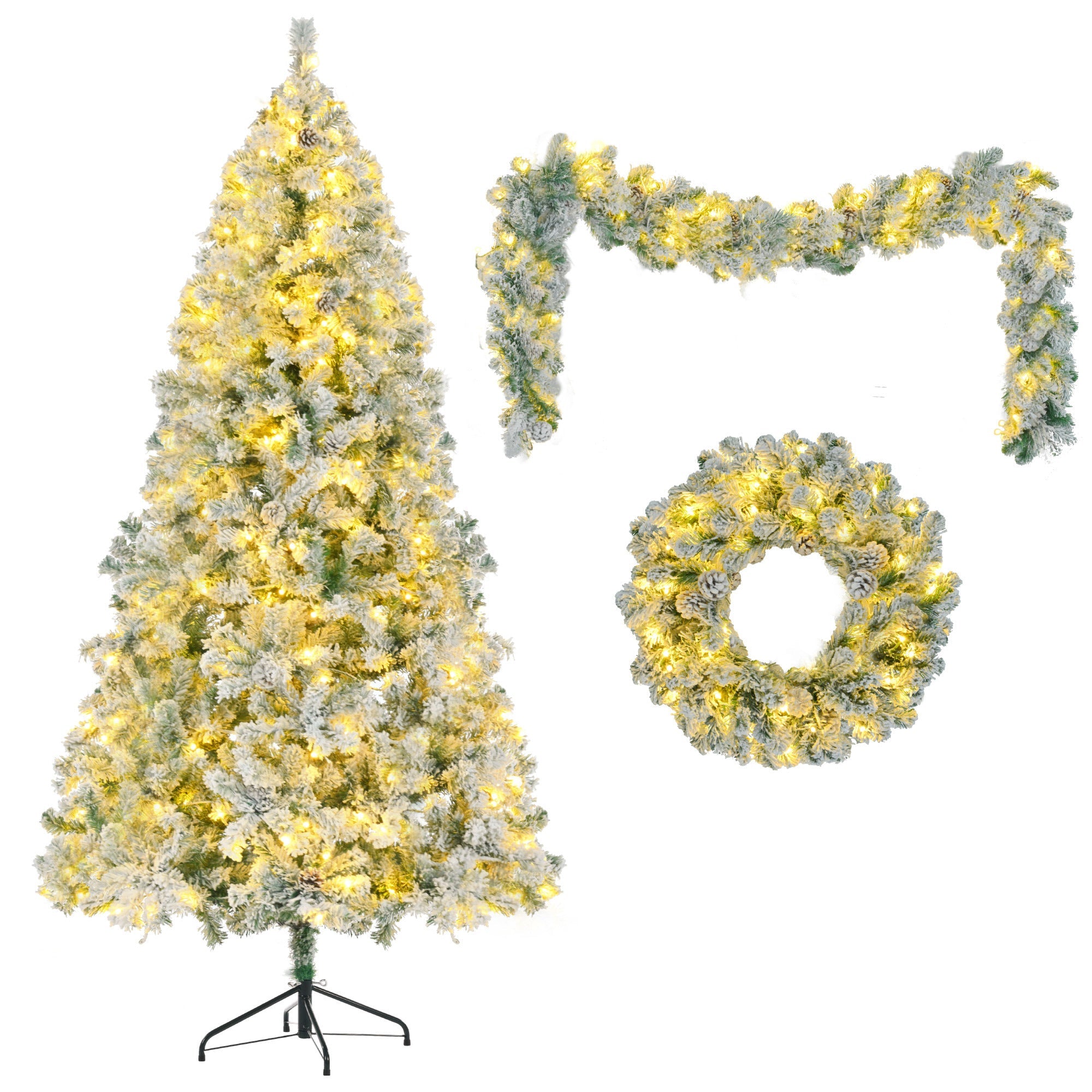 6FT Snow Flocked Christmas Tree, Pre-Lit Set with Tree & Garland & Wreath, Artificial Hinged Xmas Tree with Colorful LED Lights