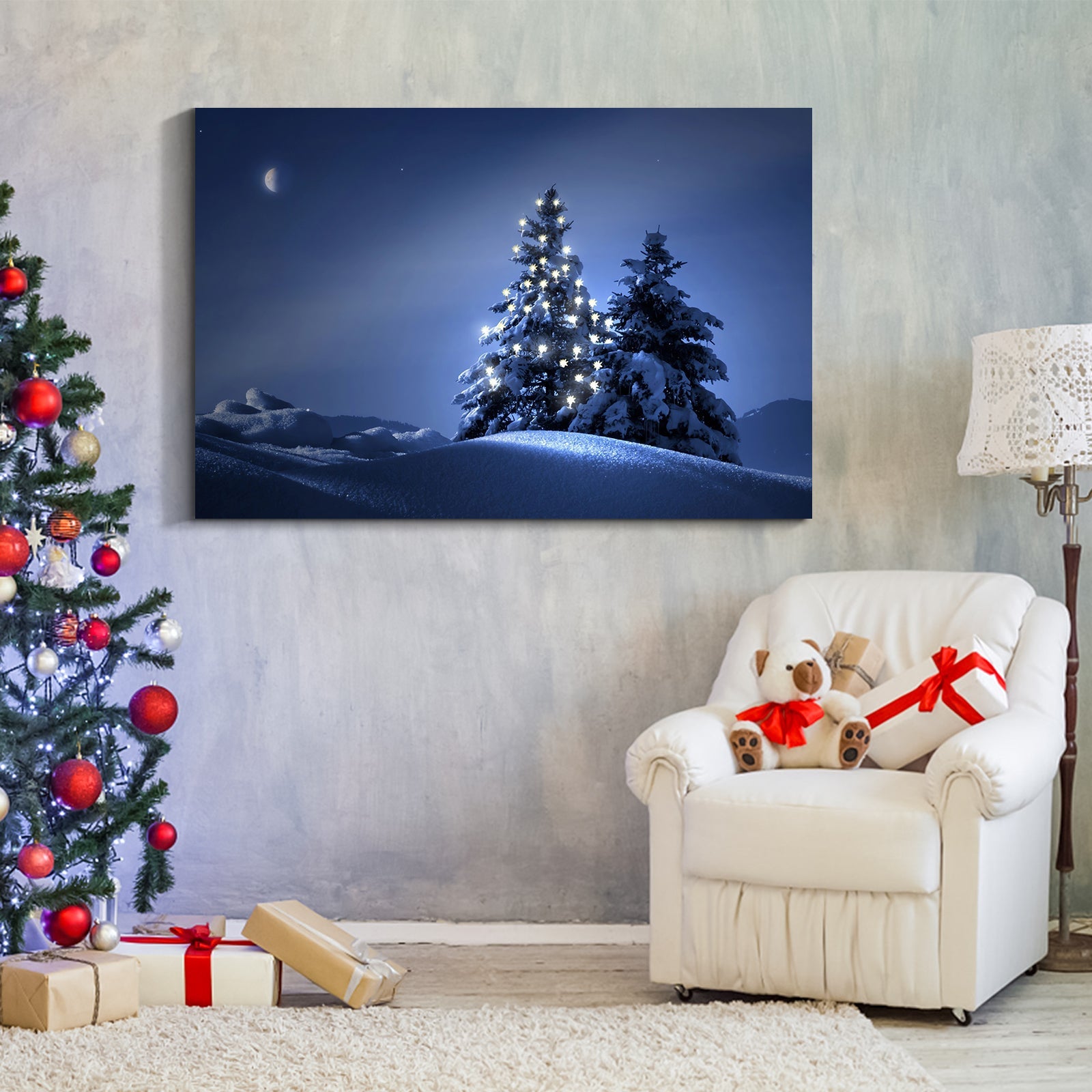 Framed Canvas Wall Art Lighted Pine Tree at Night  Christmas  Painting