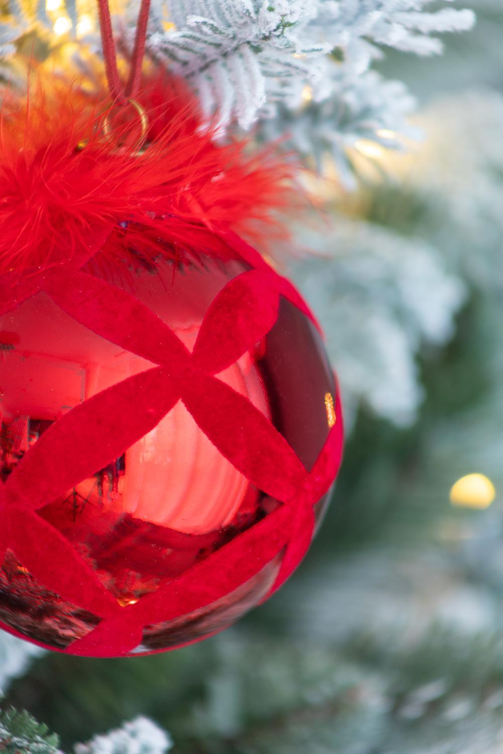 Red with Fur Christmas Ball Ornaments, Set of 6